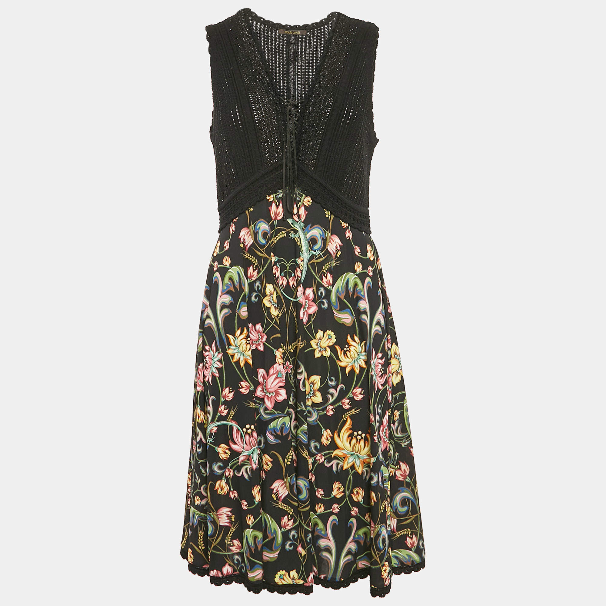 Roberto Cavalli Black Floral Print Jersey and Crochet Midi Dress M