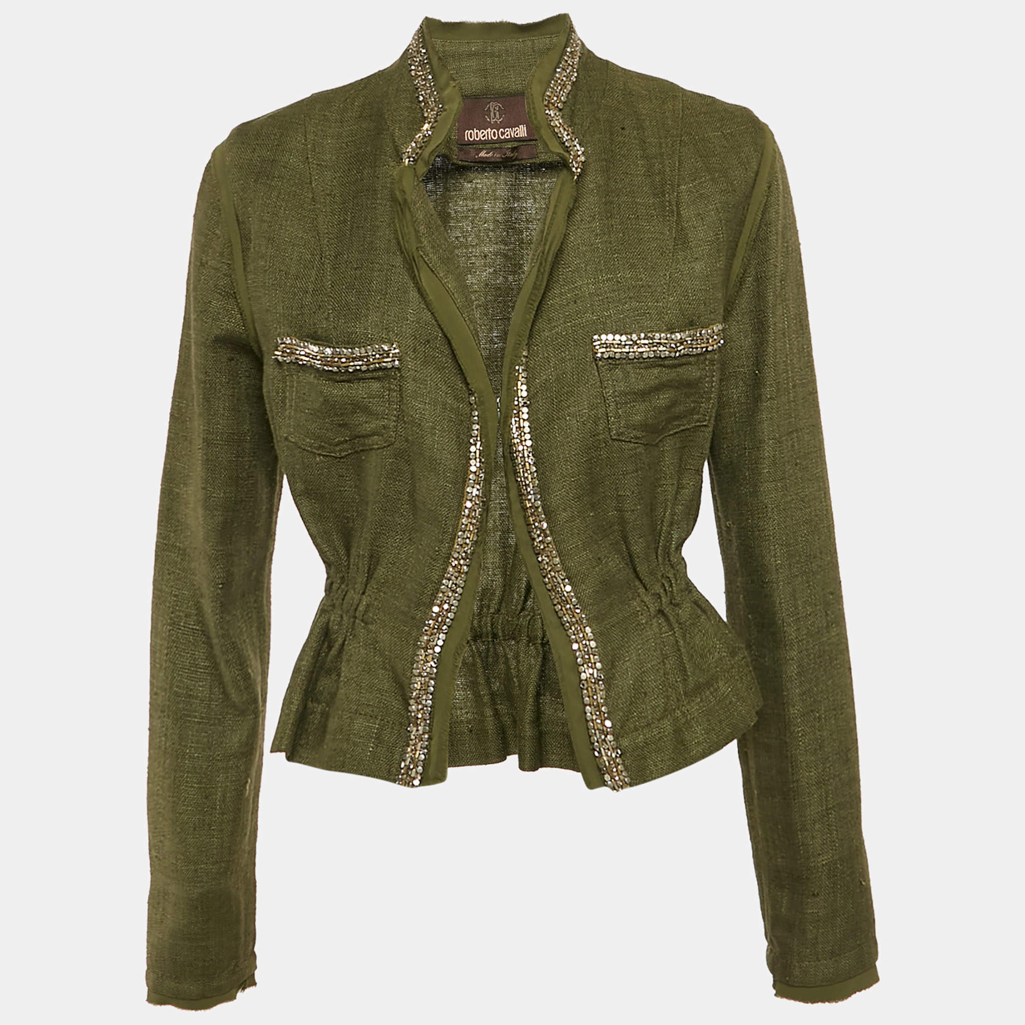 Pre Owned Roberto Cavalli Green Canvas Embellished Jacket M
