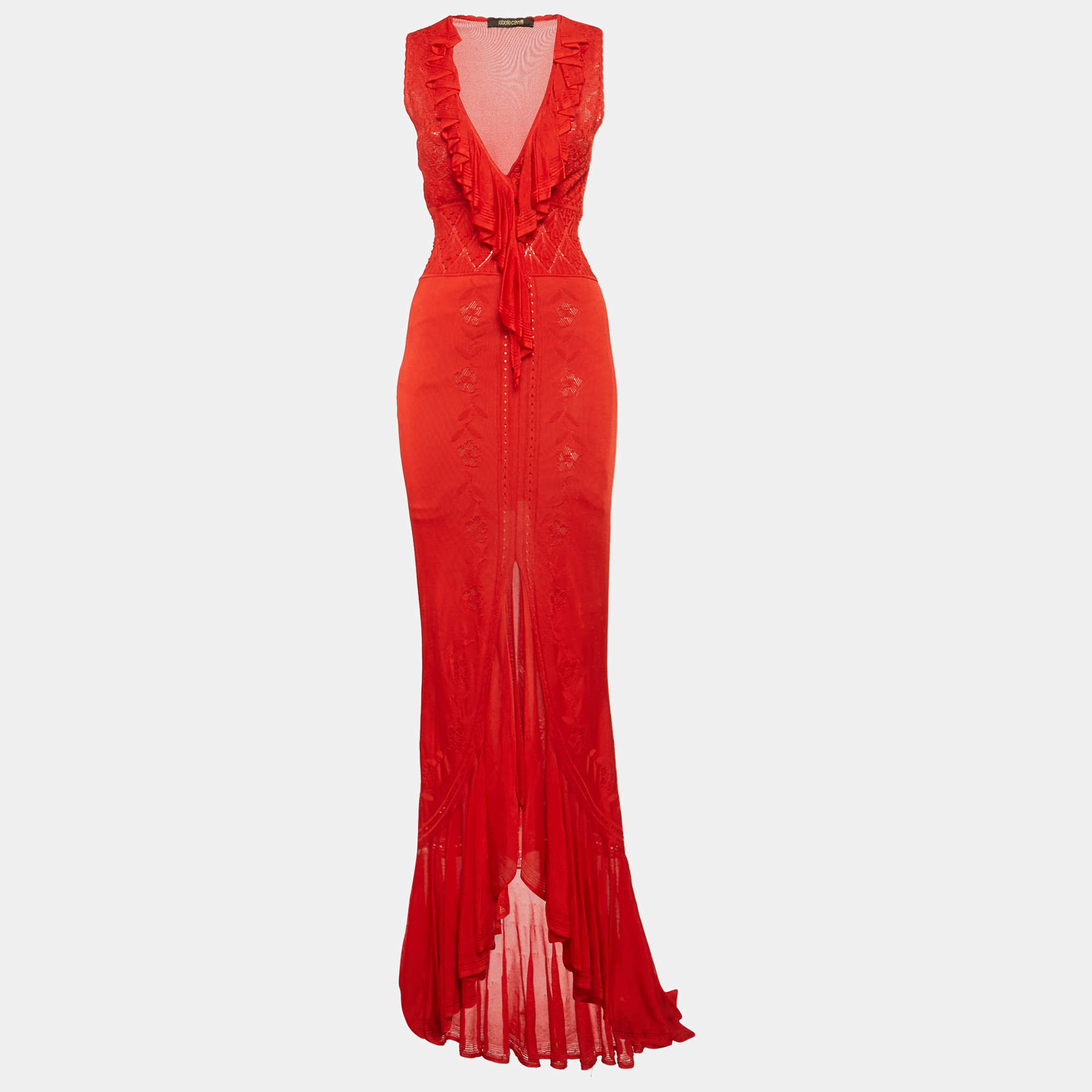Pre Owned Roberto Cavalli Red Stretch Knit Ruffled Maxi Dress S