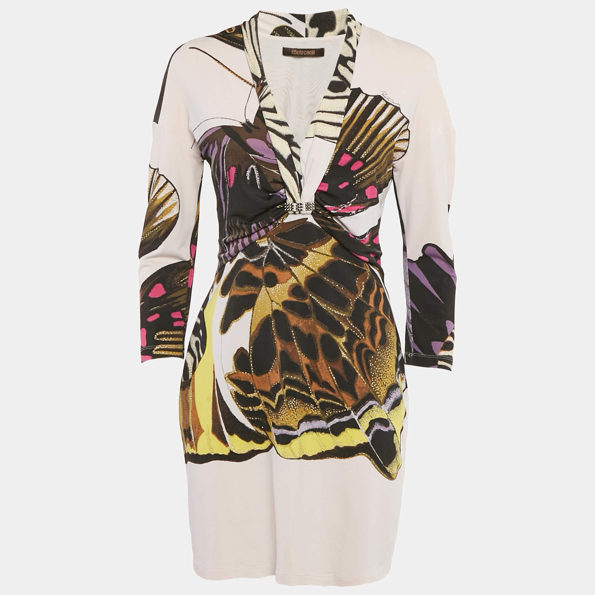 Pre Owned Roberto Cavalli Pink Printed Jersey Sheath Dress L