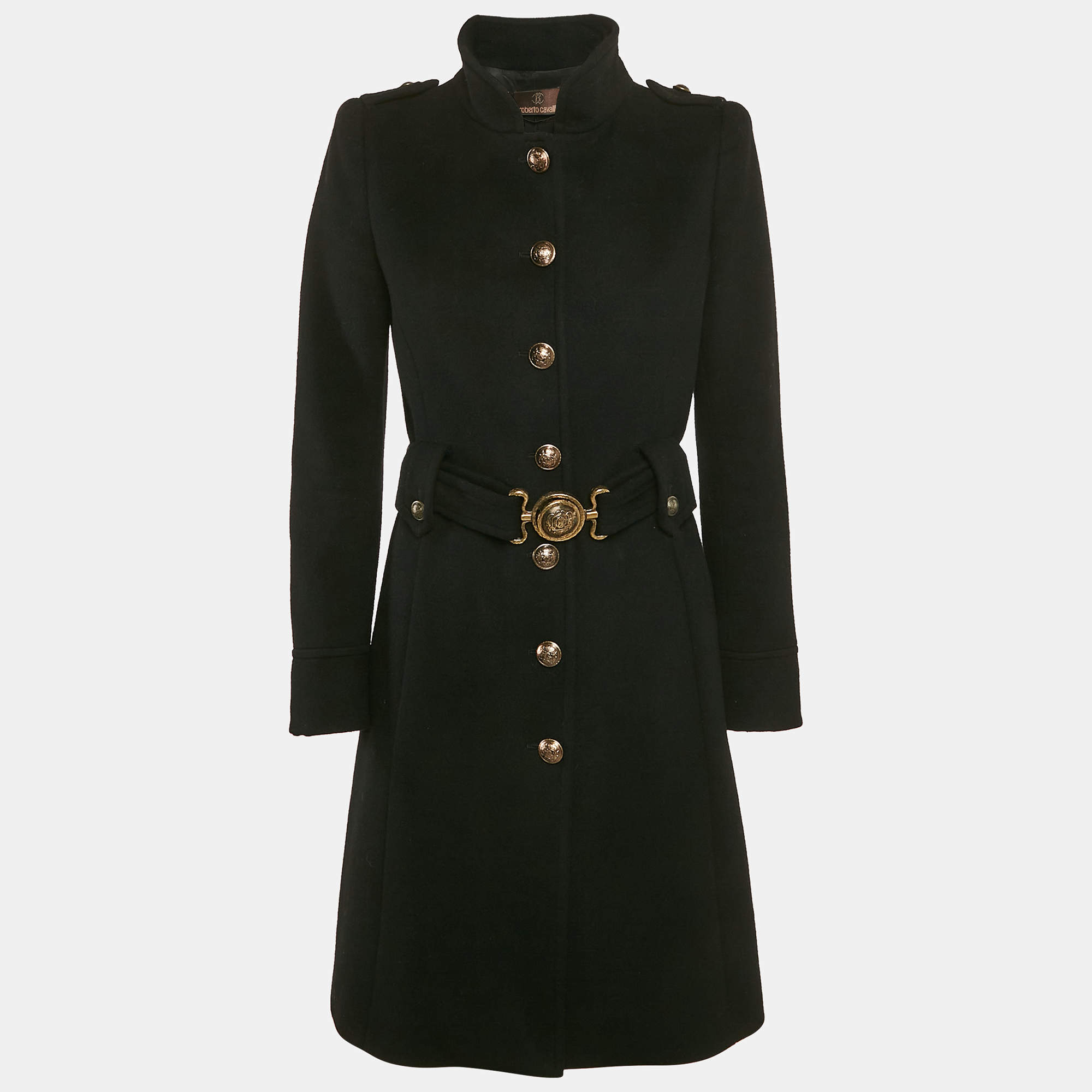 Pre Owned Roberto Cavalli Black Wool Belted Button Detail Trench Coat M