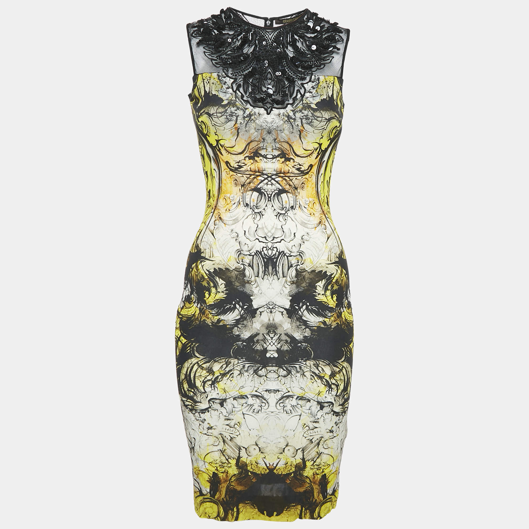 Pre Owned Roberto Cavalli Multicolor Printed Jersey Embellished Sleeveless Short Dress S