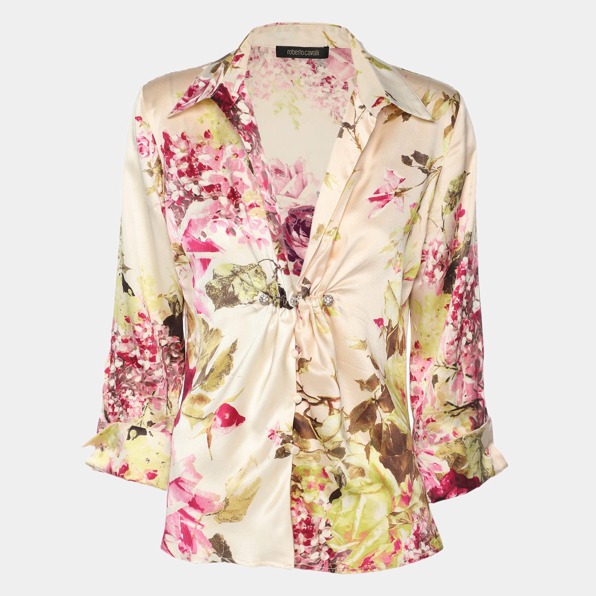 Pre Owned Roberto Cavalli Multicolor Floral Print Silk Top S