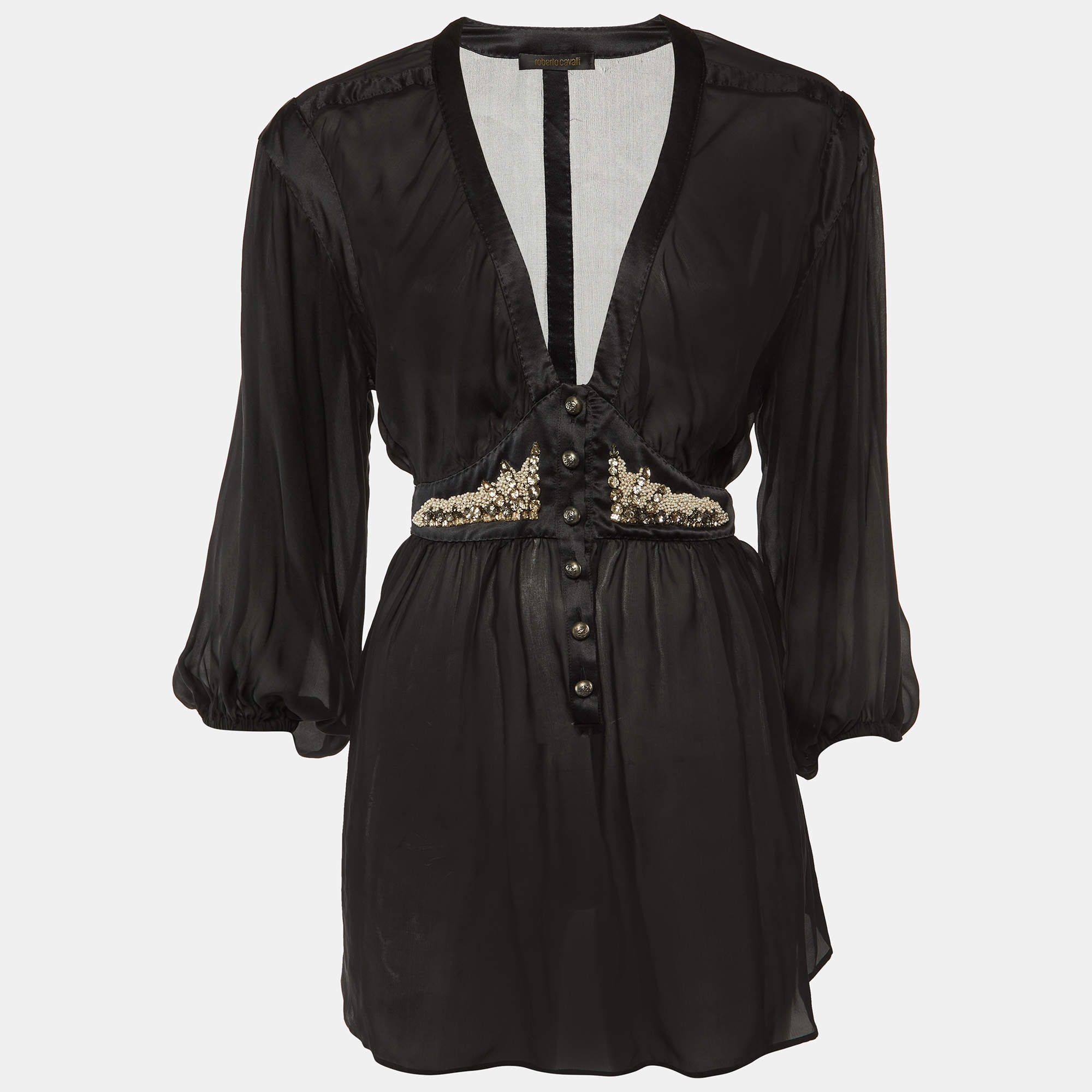 Pre Owned Roberto Cavalli Black Silk Chiffon & Satin Trim Detail Tunic Top M