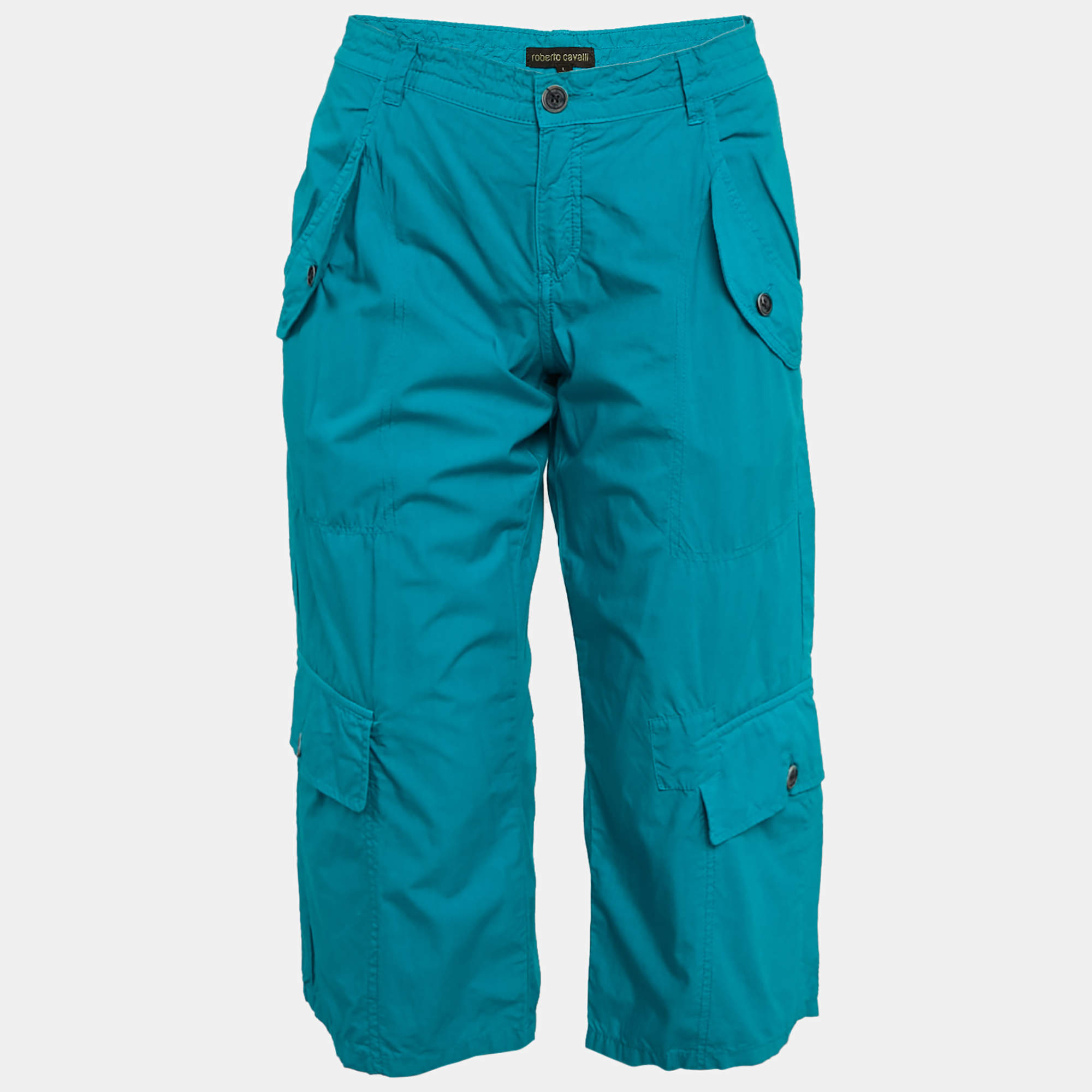 Pre Owned Roberto Cavalli Blue Cotton Cargo Bermuda Shorts L