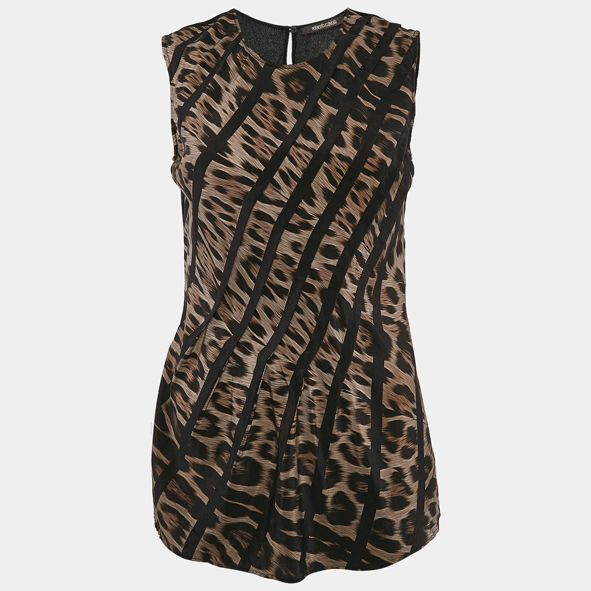 Pre Owned Roberto Cavalli Brown Leopard Print Silk Sleeveless Top S