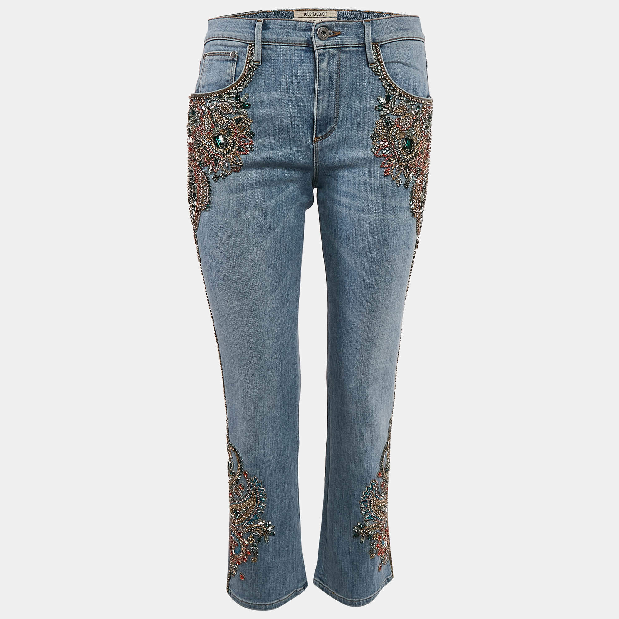 Pre Owned Roberto Cavalli Blue Paisley Crystal Embellished Denim Jeans M Waist 28"