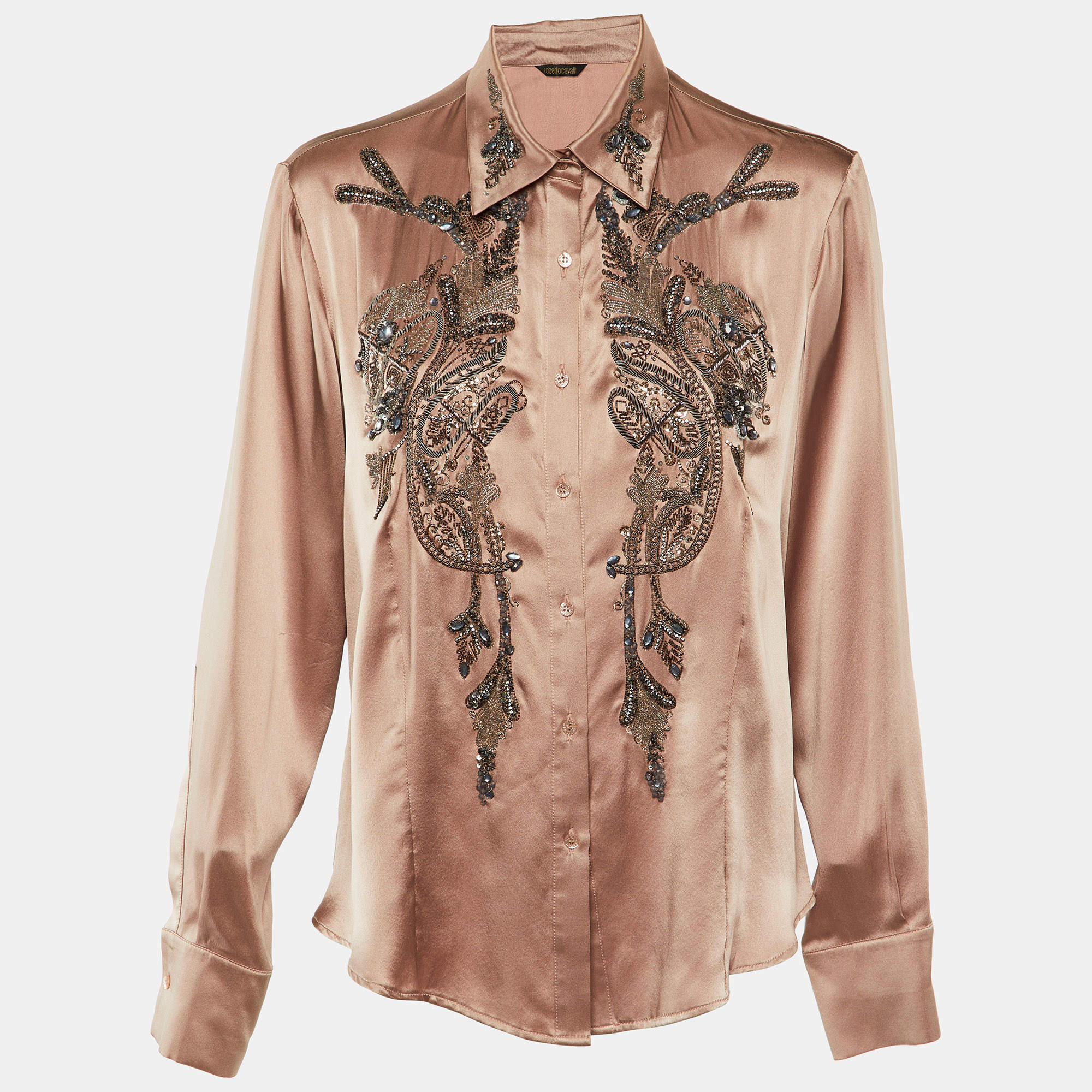 Pre Owned Roberto Cavalli Champagne Pink Silk Satin Embellished Shirt L