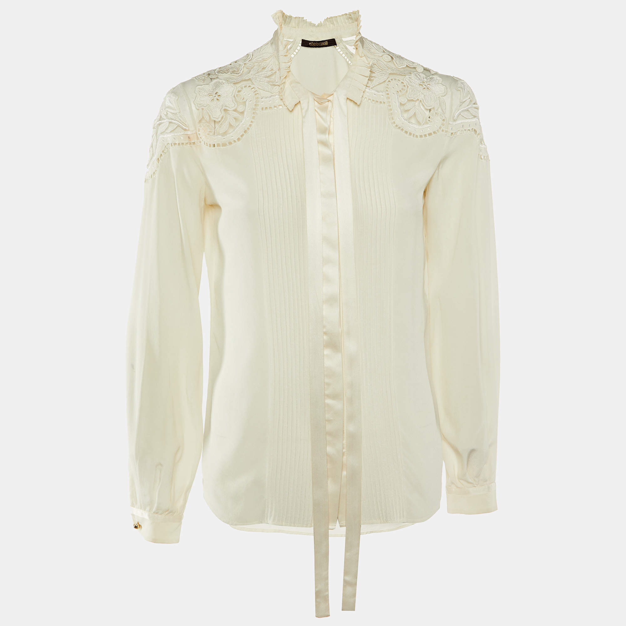 Pre Owned قميص روبيرتو كافالي حرير مطرز بأزرار كريمي مقاس صغير (سمول)