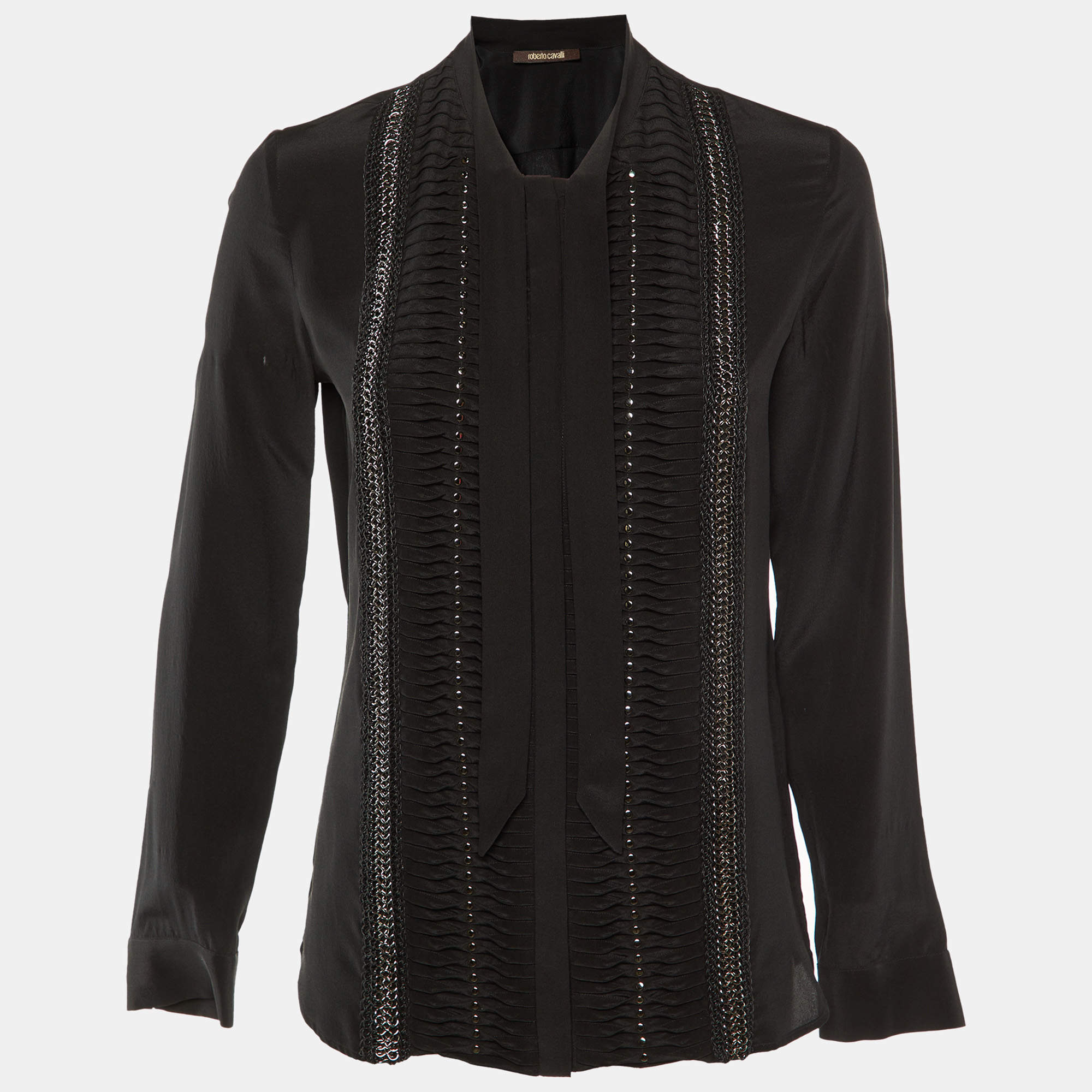 Pre Owned Roberto Cavalli Black Silk Studded Neck Tie Detail Shirt S