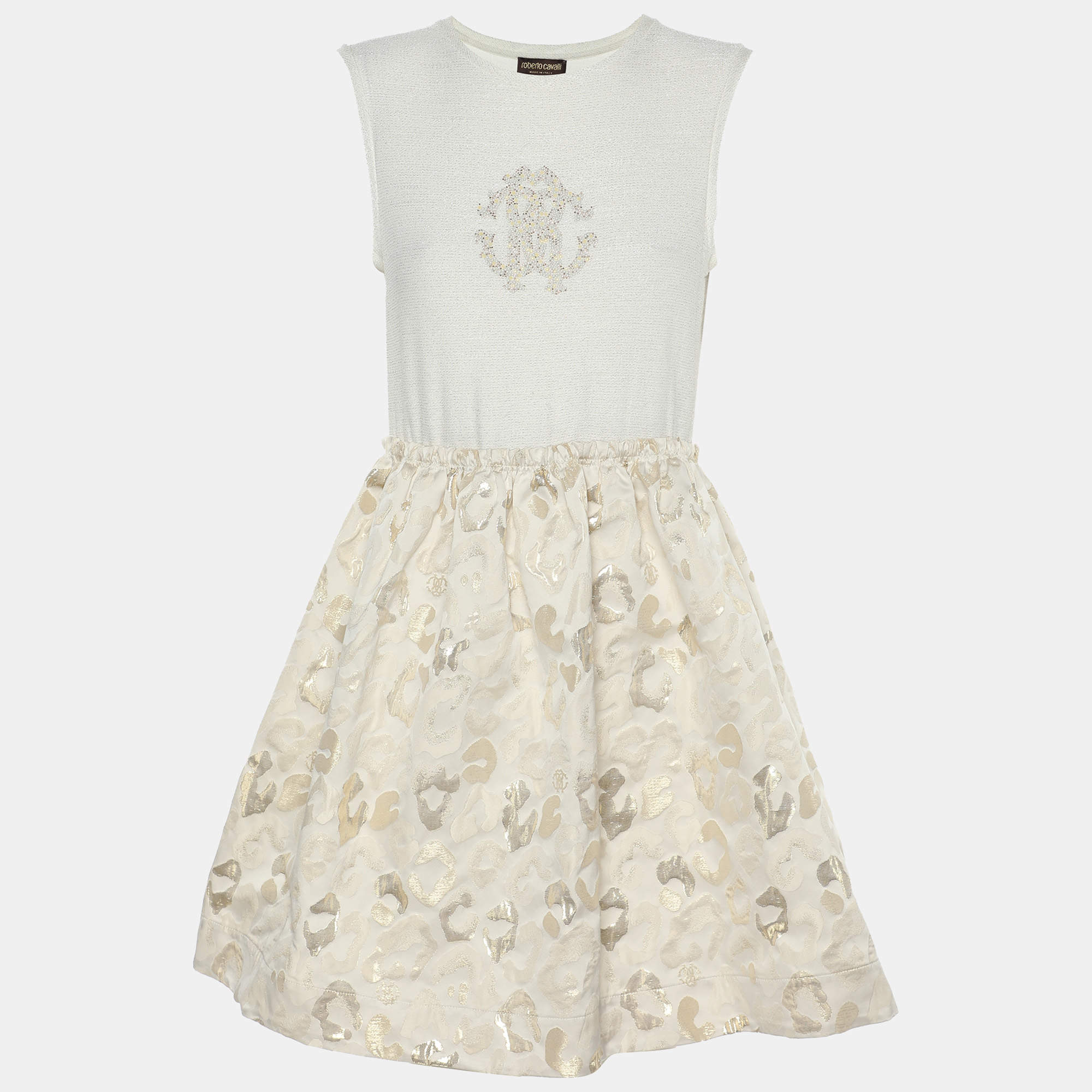 Pre Owned Roberto Cavalli Cream/Gold Jacquard Mini Dress L