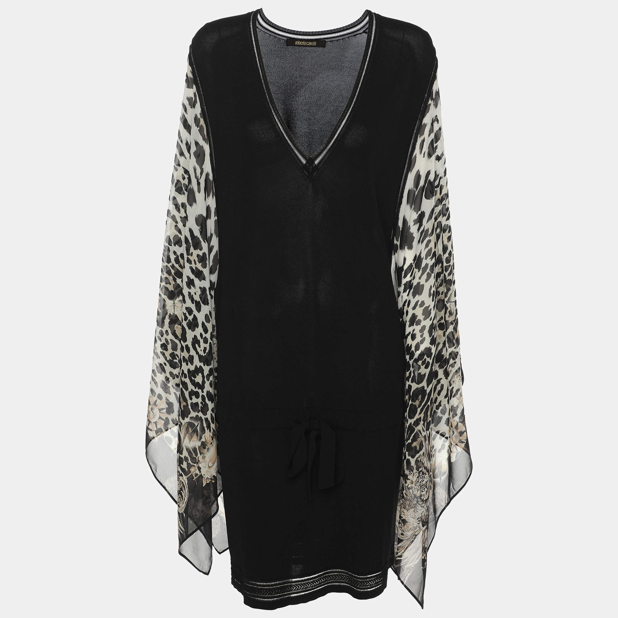Pre Owned Roberto Cavalli Black Jersey and Animal Print Silk Dress L