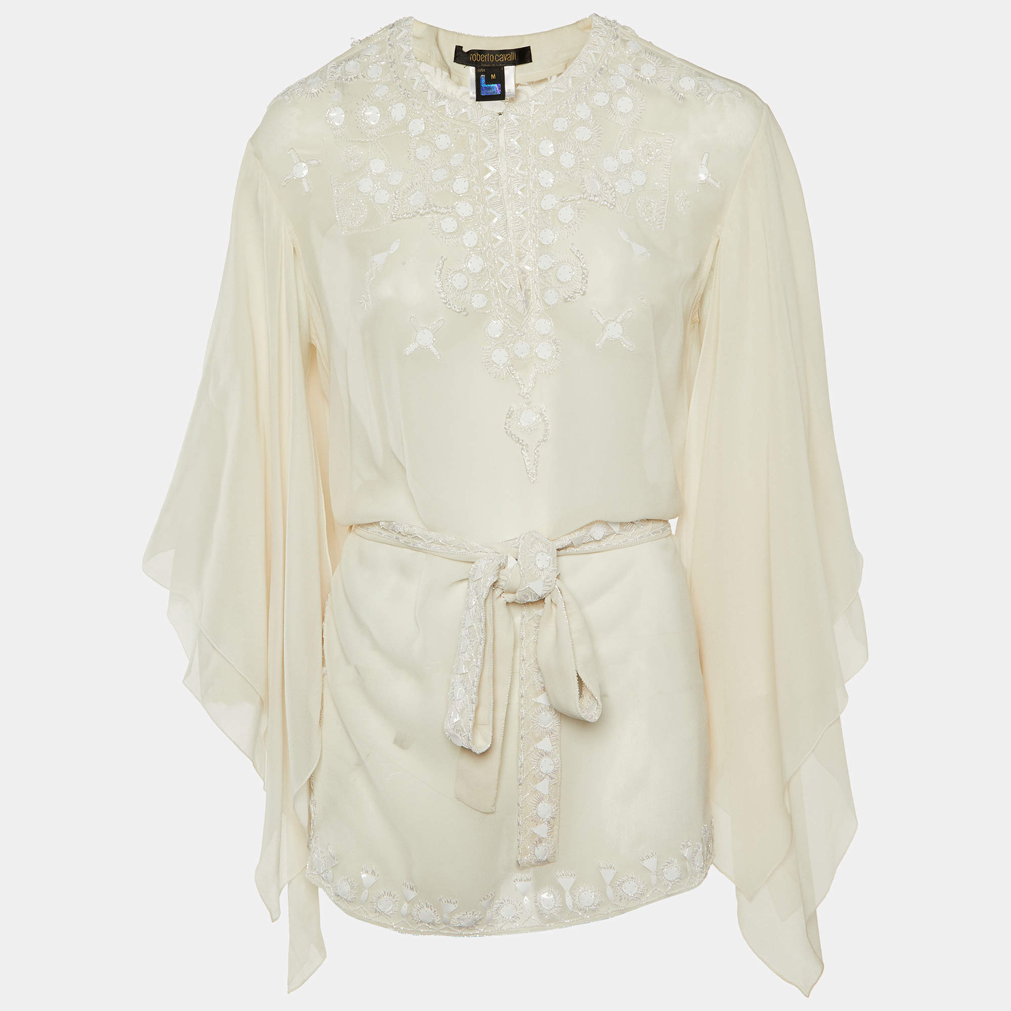 Pre Owned قميص روبيرتو كافالي حرير أبيض مزين بالترتر مع حزام مقاس متوسط (ميديوم)