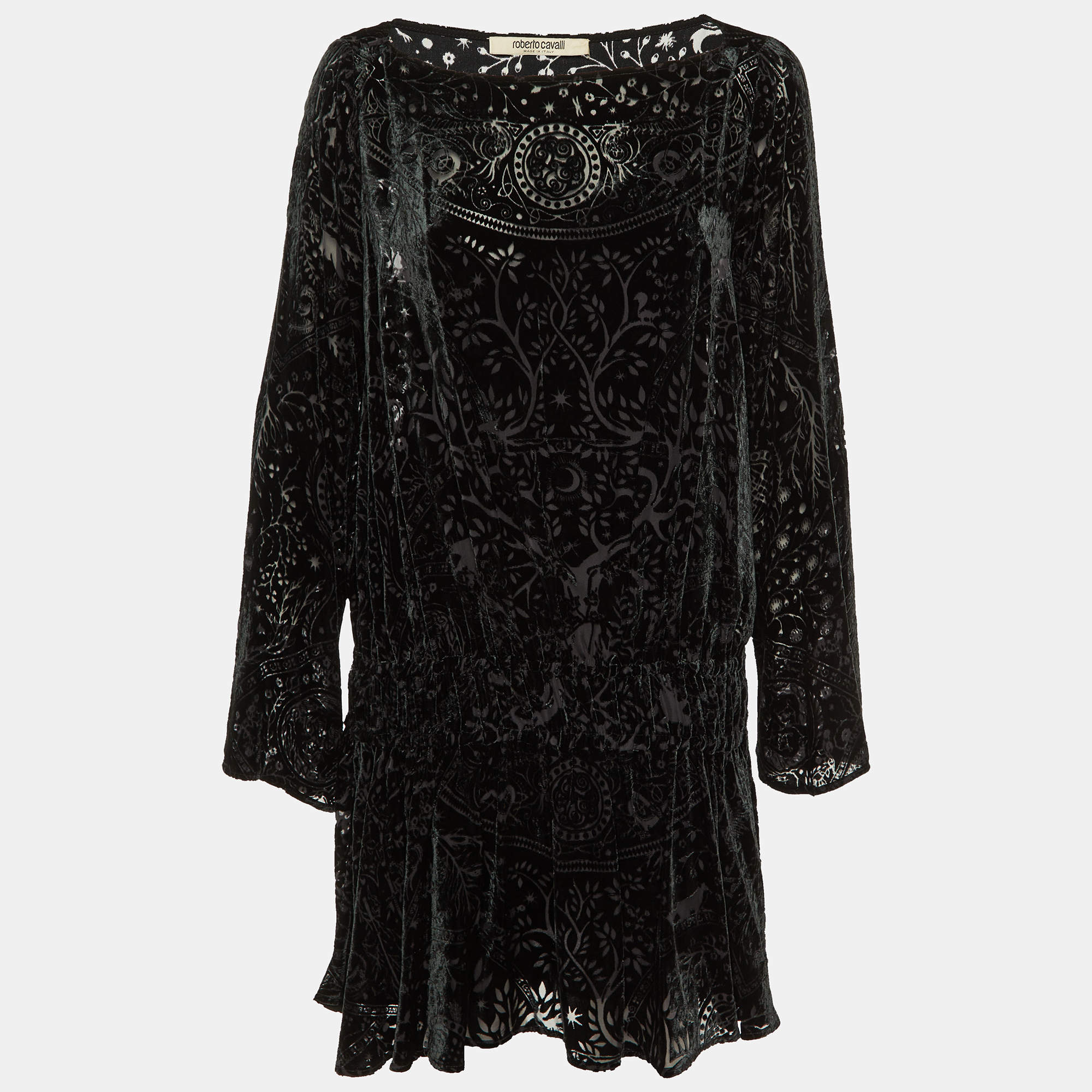 Roberto Cavalli Black Devore Elasticated Waist Detail Mini Dress M