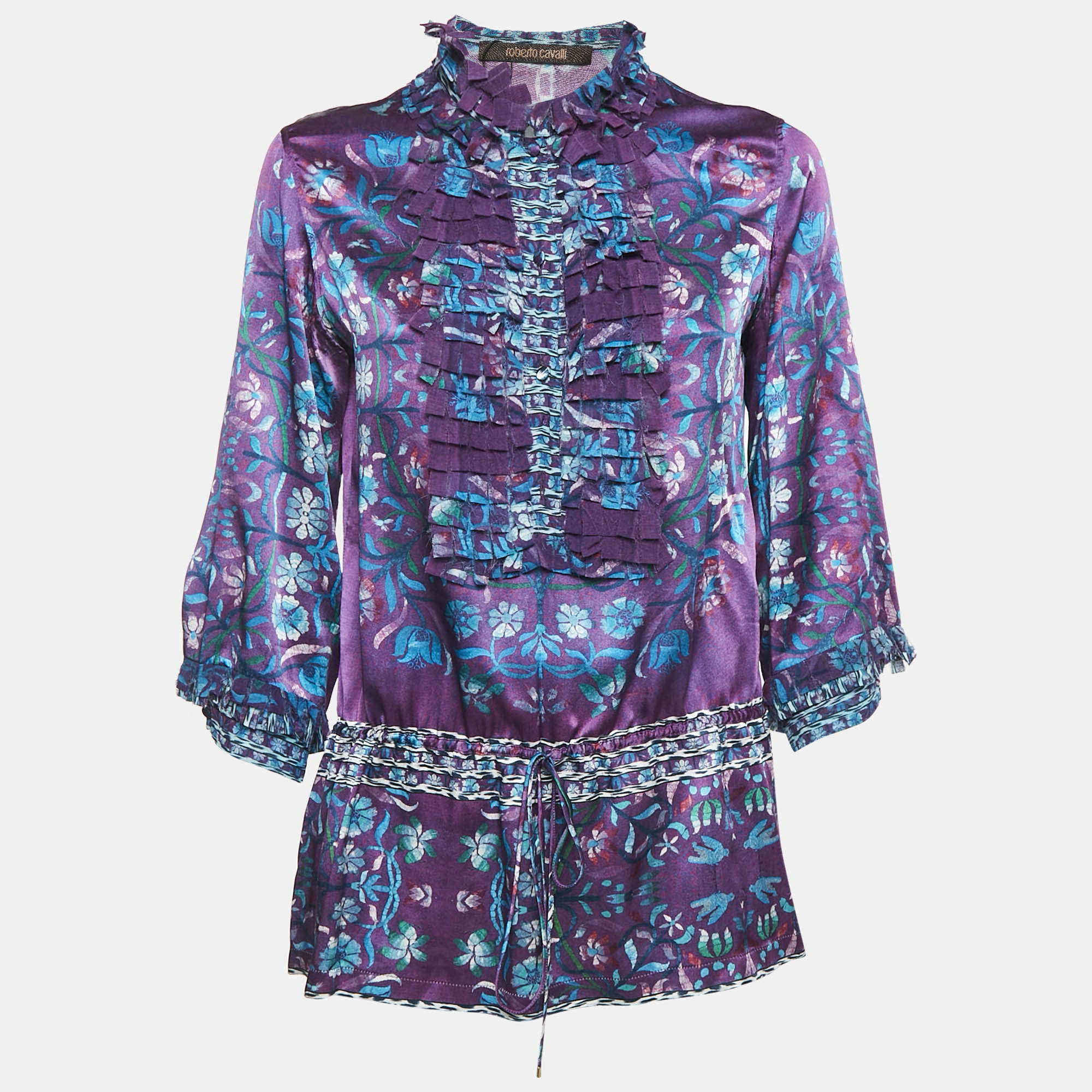 Pre Owned Roberto Cavalli Purple Floral Print Silk Ruffled Top M
