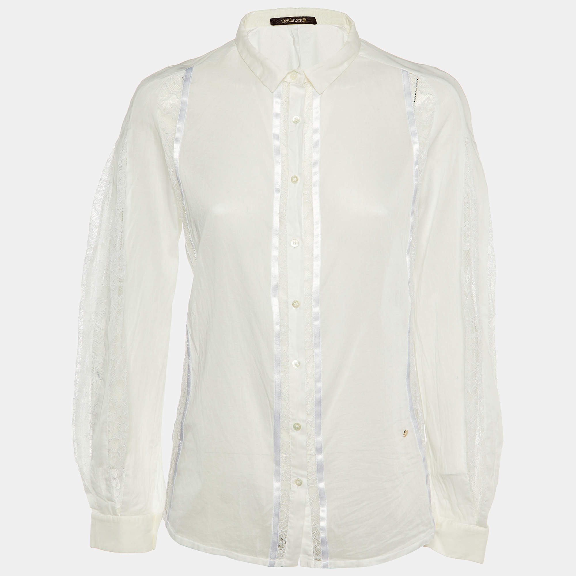 Pre Owned Roberto Cavalli White Cotton & Lace Paneled Button Up Shirt L