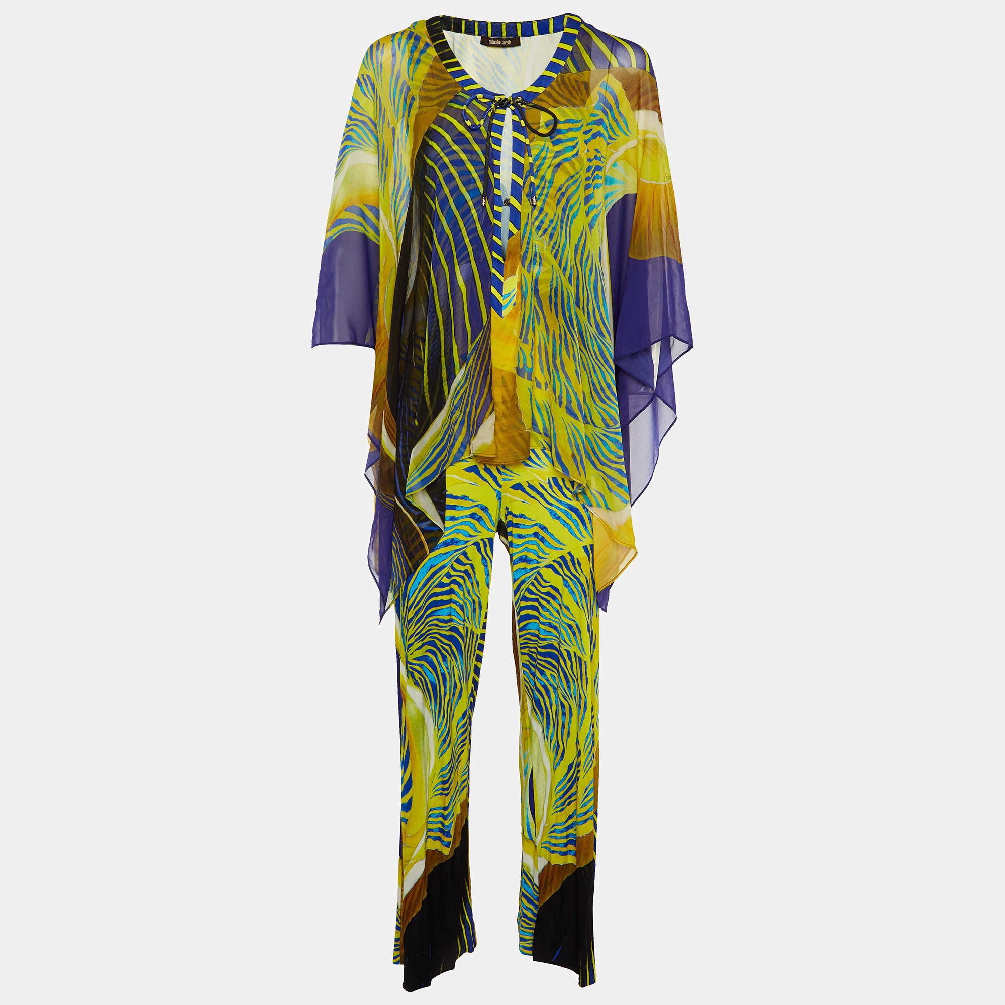 Roberto Cavalli Blue/Yellow Printed Silk & Jersey Jumpsuit M