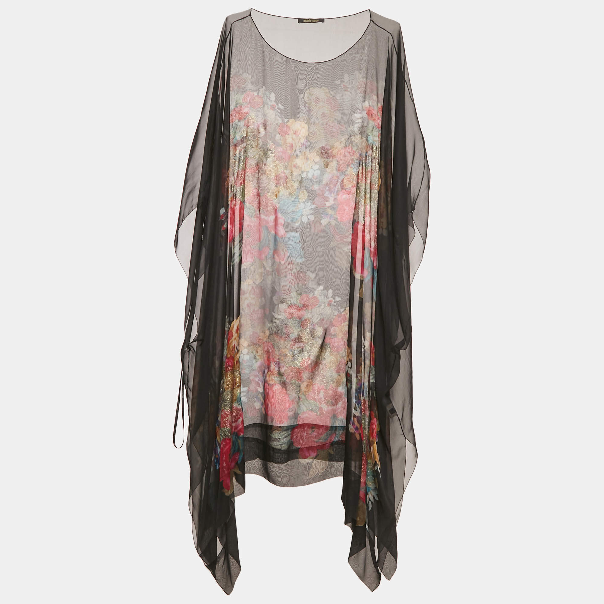 Pre Owned فستان روبيرتو كافالي كفتان حرير شفاف مطبوع باللون الأسود مقاس متوسط
