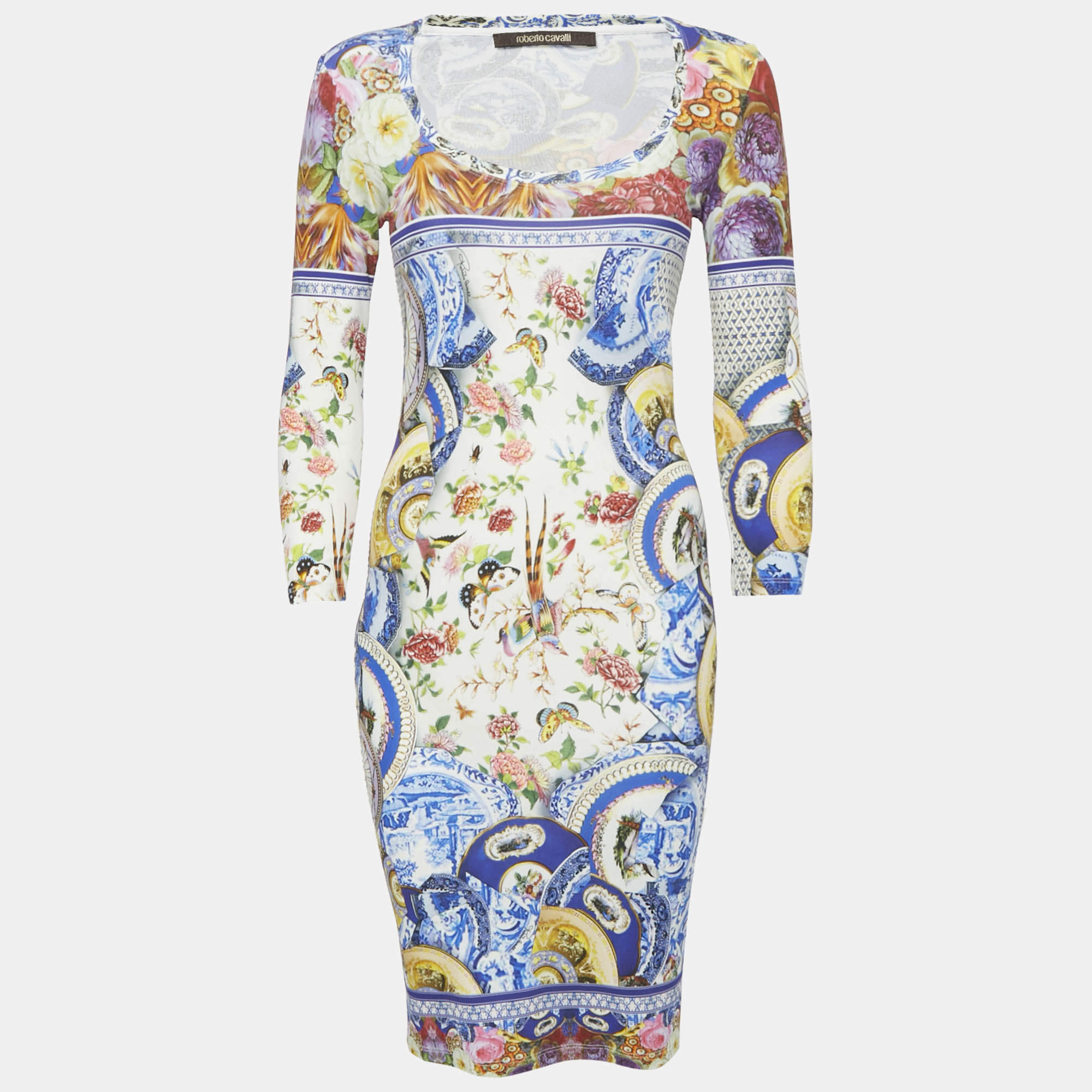 Roberto Cavalli Multicolor Printed Jersey Round Neck Short Dress S  