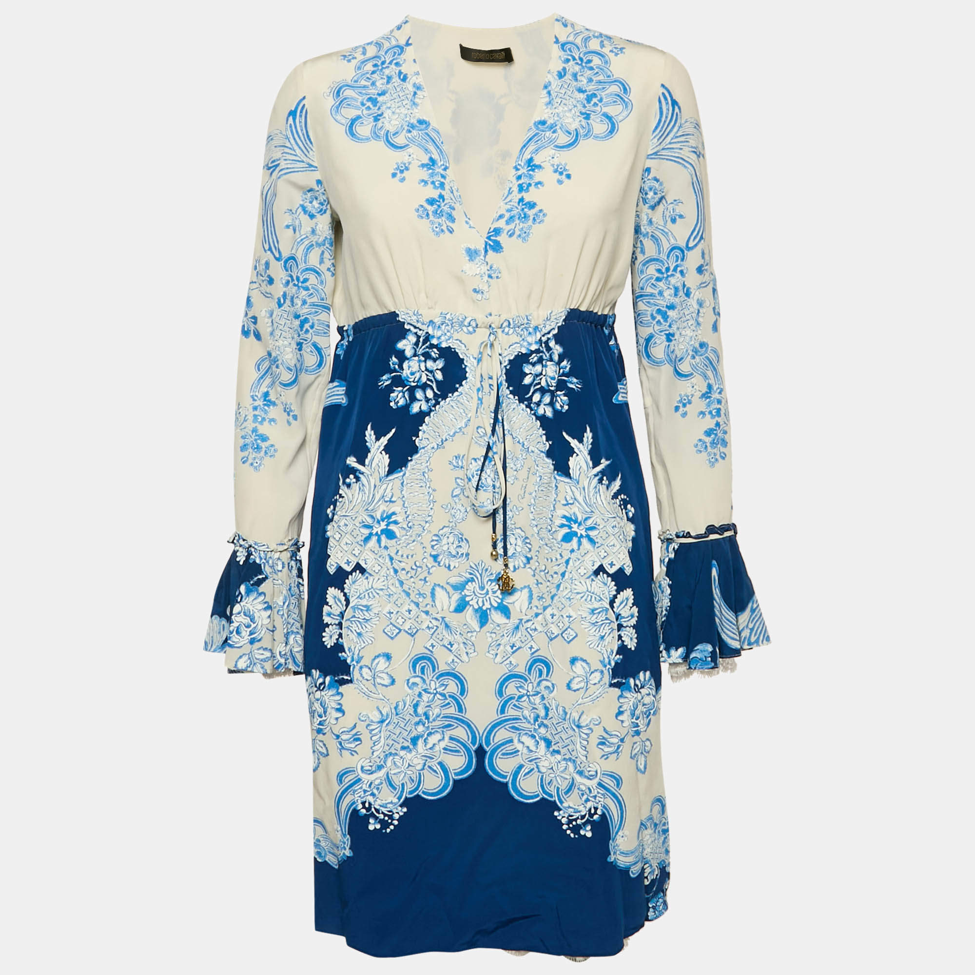Roberto Cavalli White/Blue Floral Print Silk Lace Trimmed Short Dress M