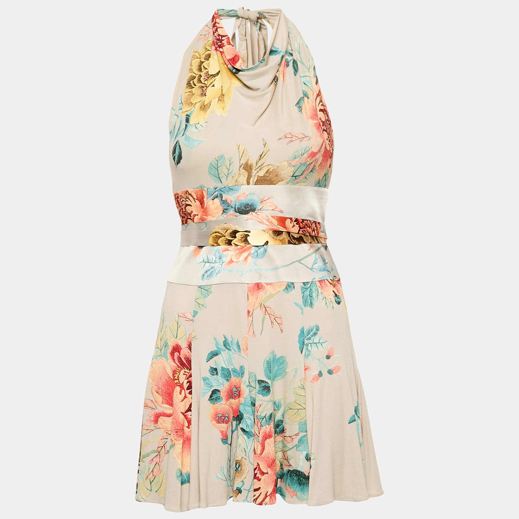 Pre Owned Roberto Cavalli Grey Floral Print Jersey Halter Neck Mini Dress M