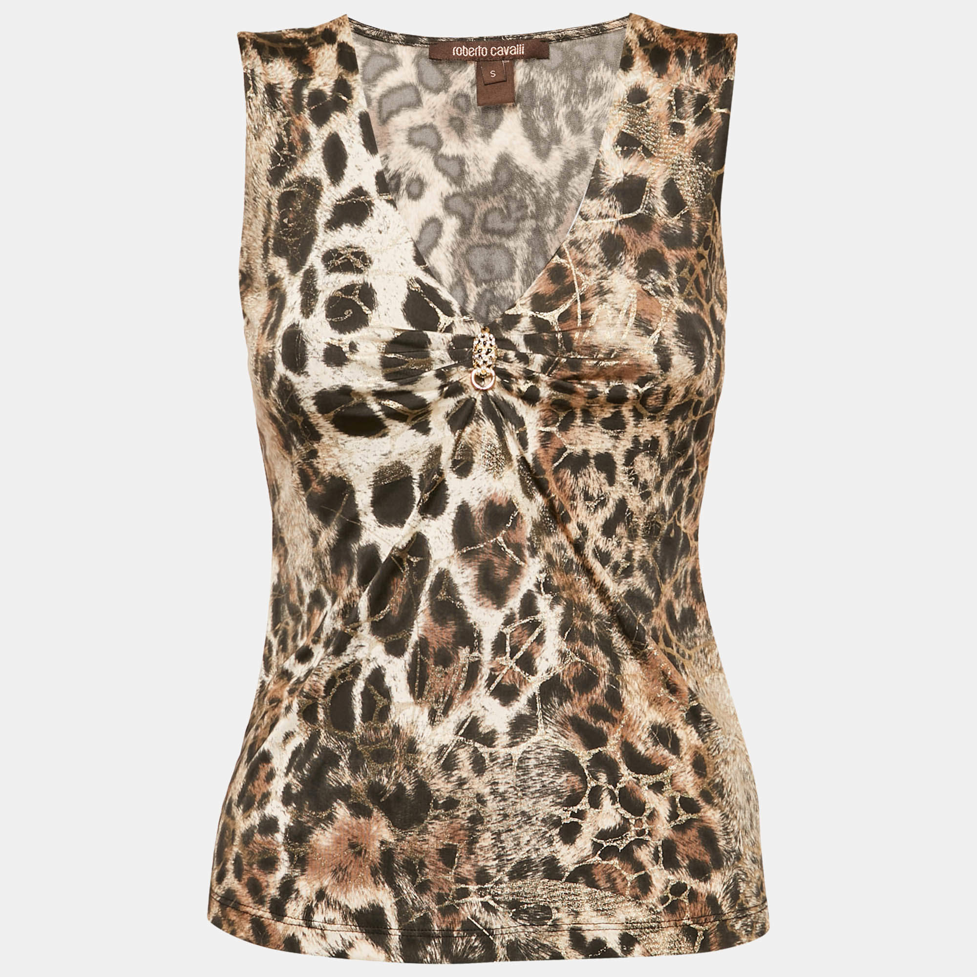 Roberto Cavalli Brown Printed Jersey Tank Top S