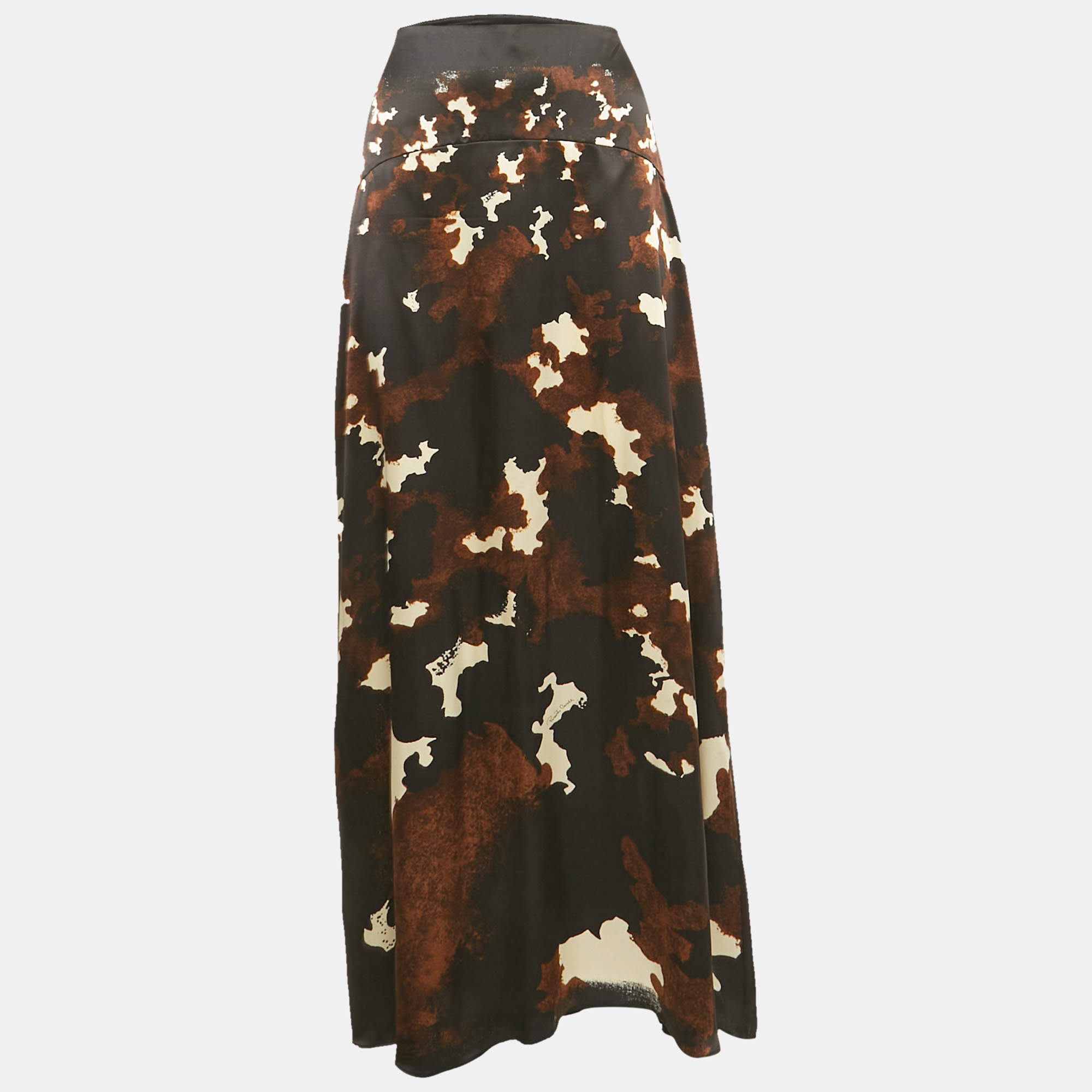 Roberto Cavalli Black/Brown Printed Satin Silk Maxi Skirt L