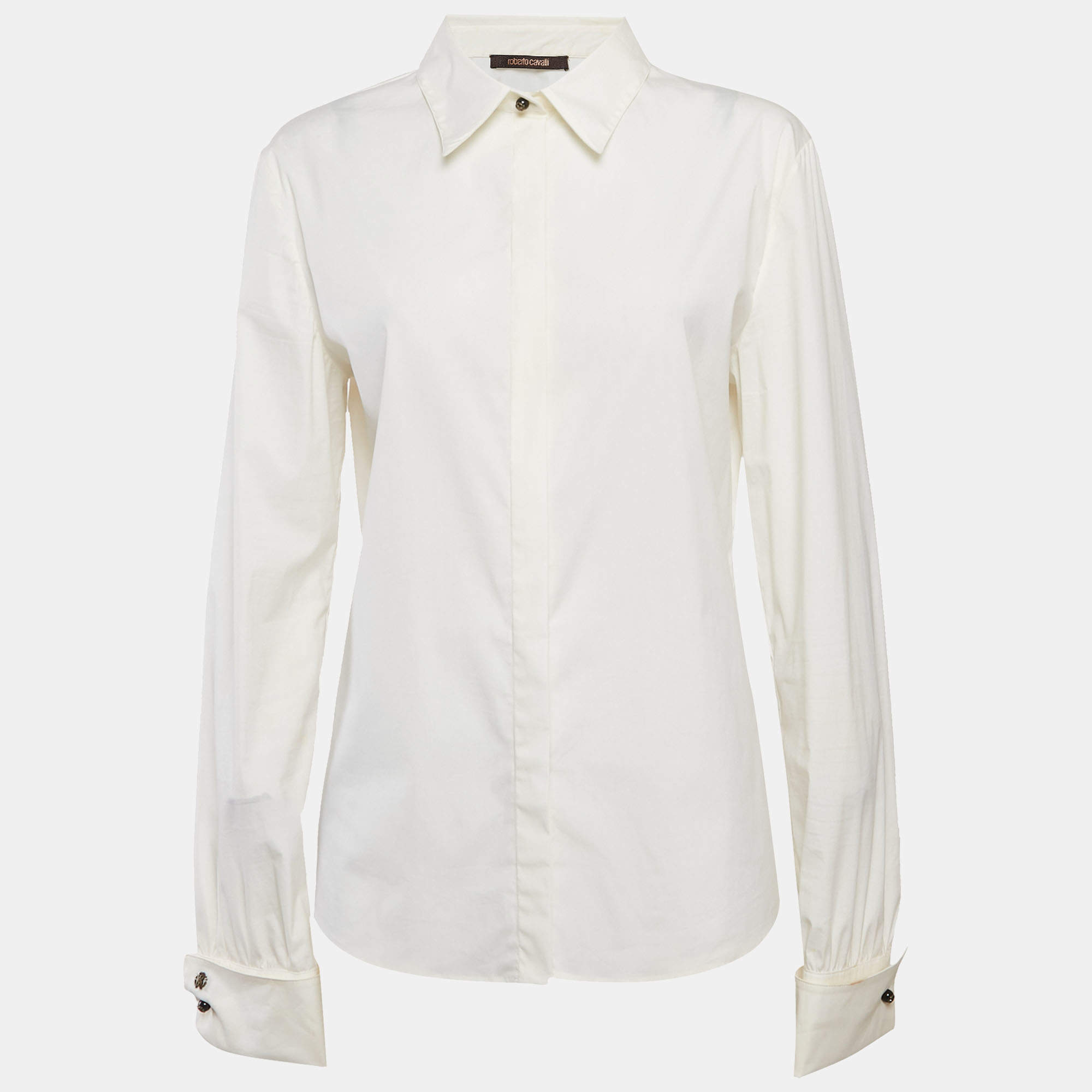 Roberto Cavalli Cream Cotton Long Sleeve Shirt L