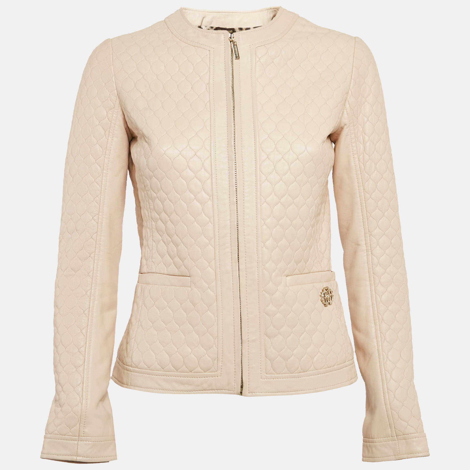 Roberto Cavalli Pink Quilted Leather Zip Front Jacket S