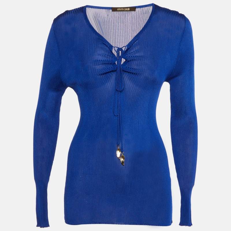 Roberto Cavalli Blue Rib Knit Lace Up Top M