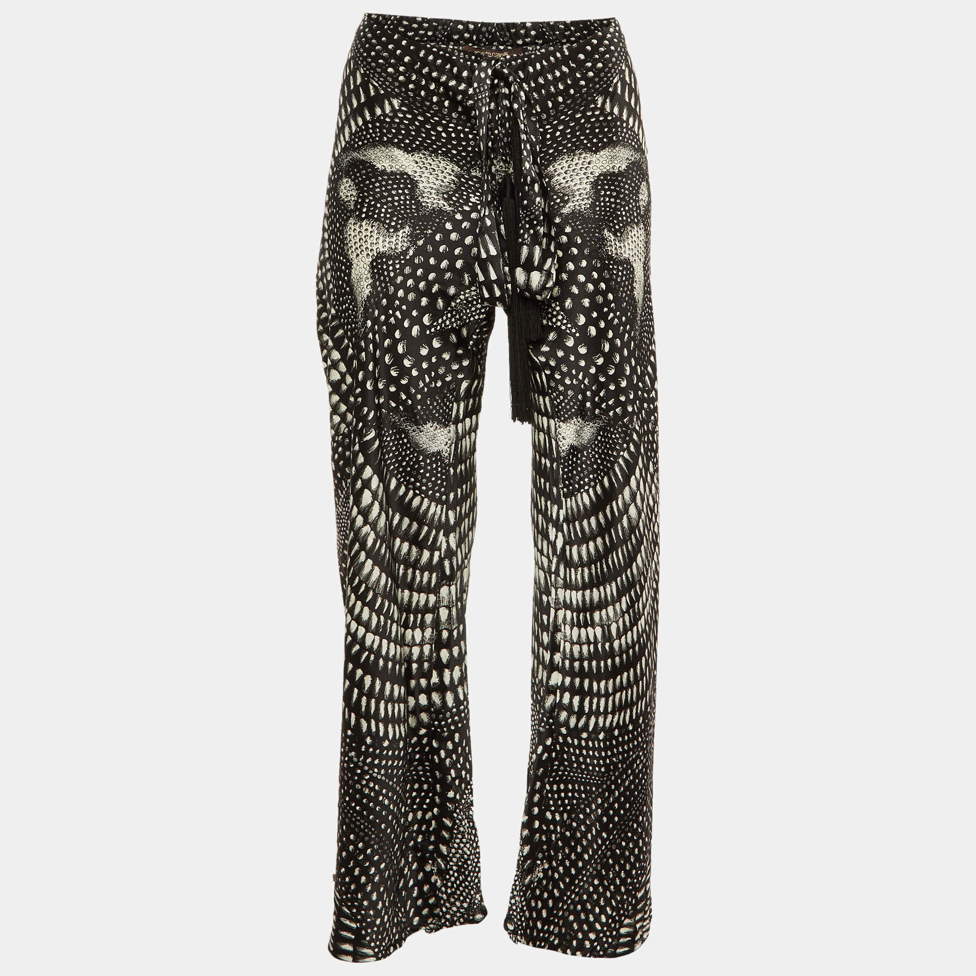 Roberto Cavalli Black Printed Silk Wide leg Trousers S