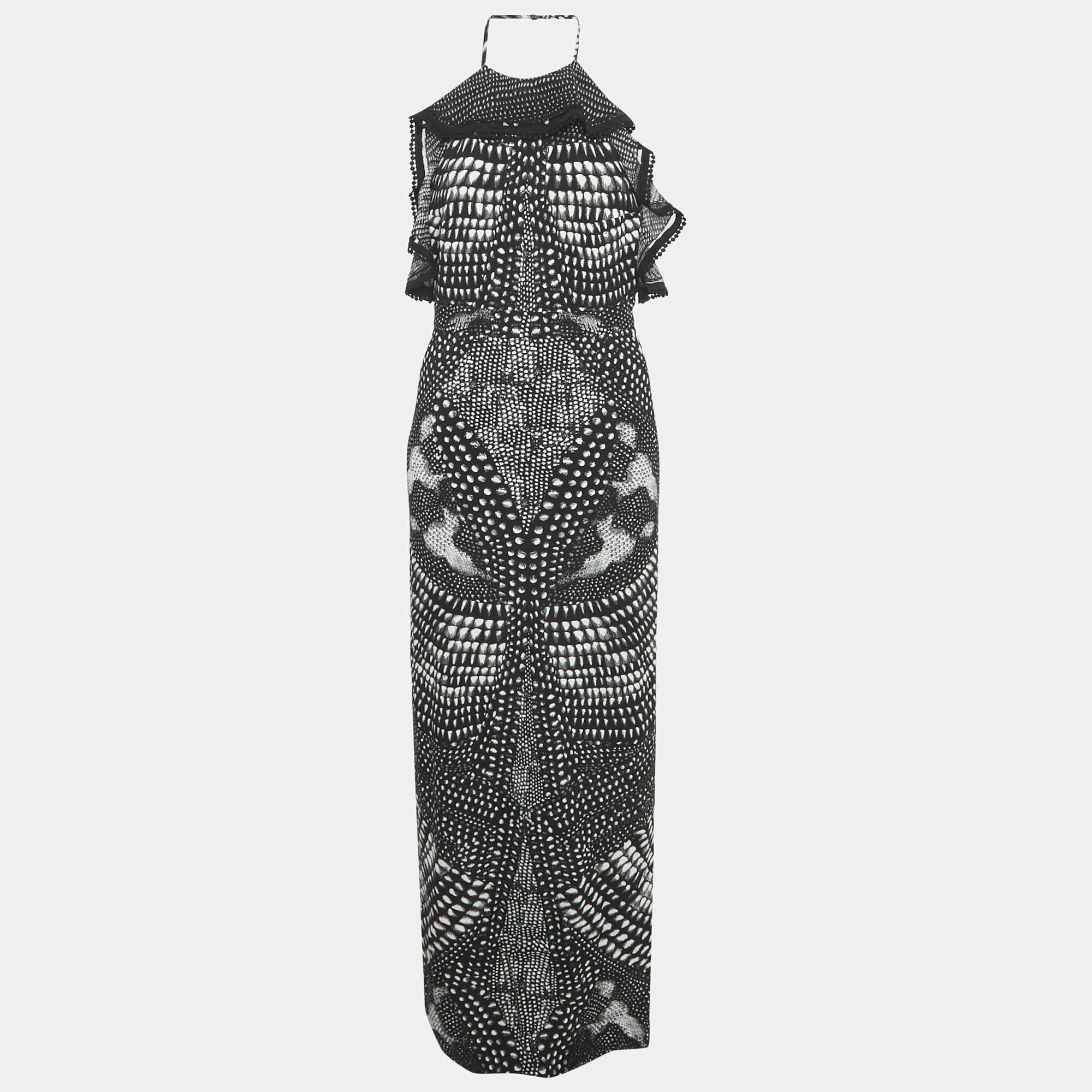 Roberto Cavalli Black Print Crepe Halter Neck Maxi Dress M