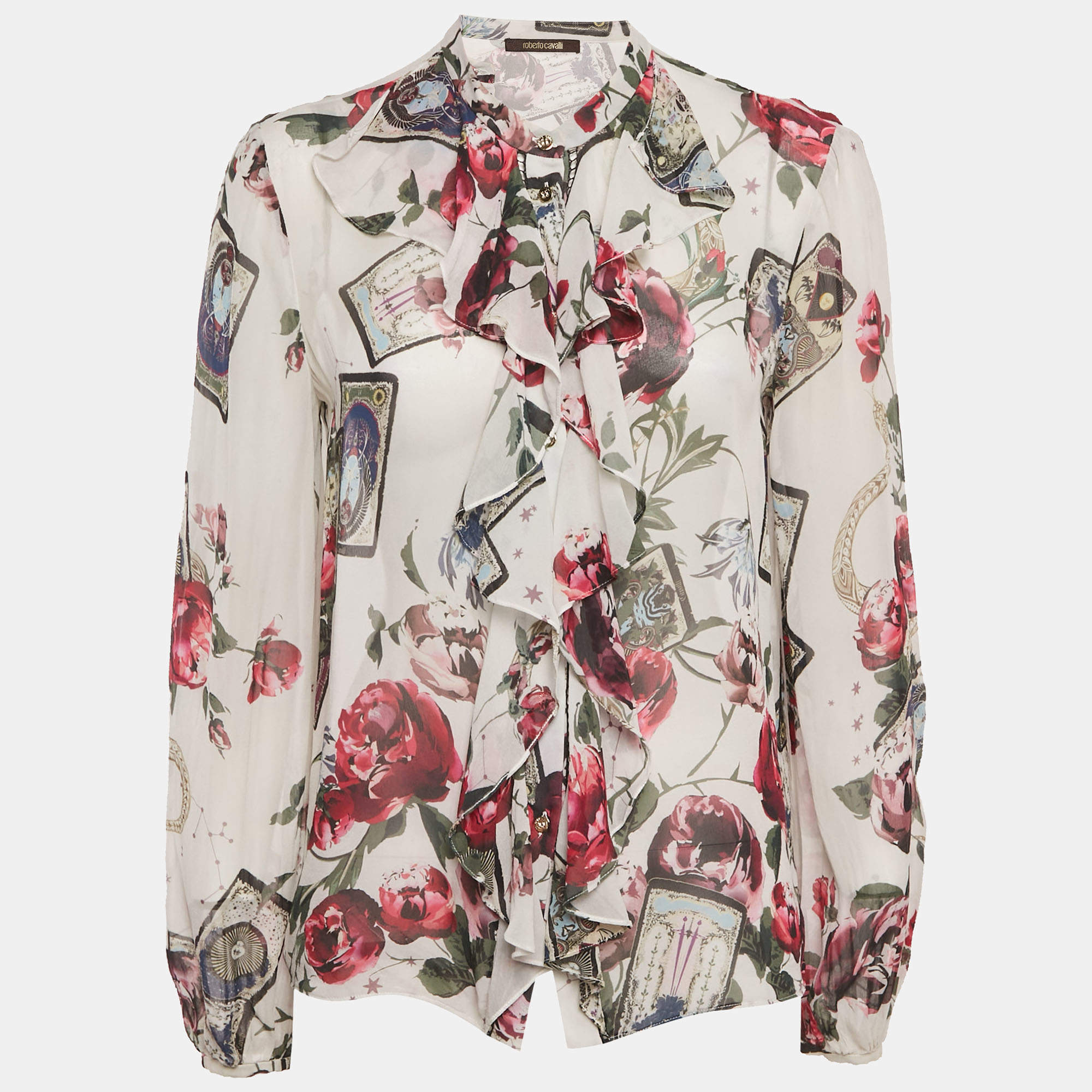 Roberto Cavalli  White Printed Silk Chiffon Ruffled Sheer Top S