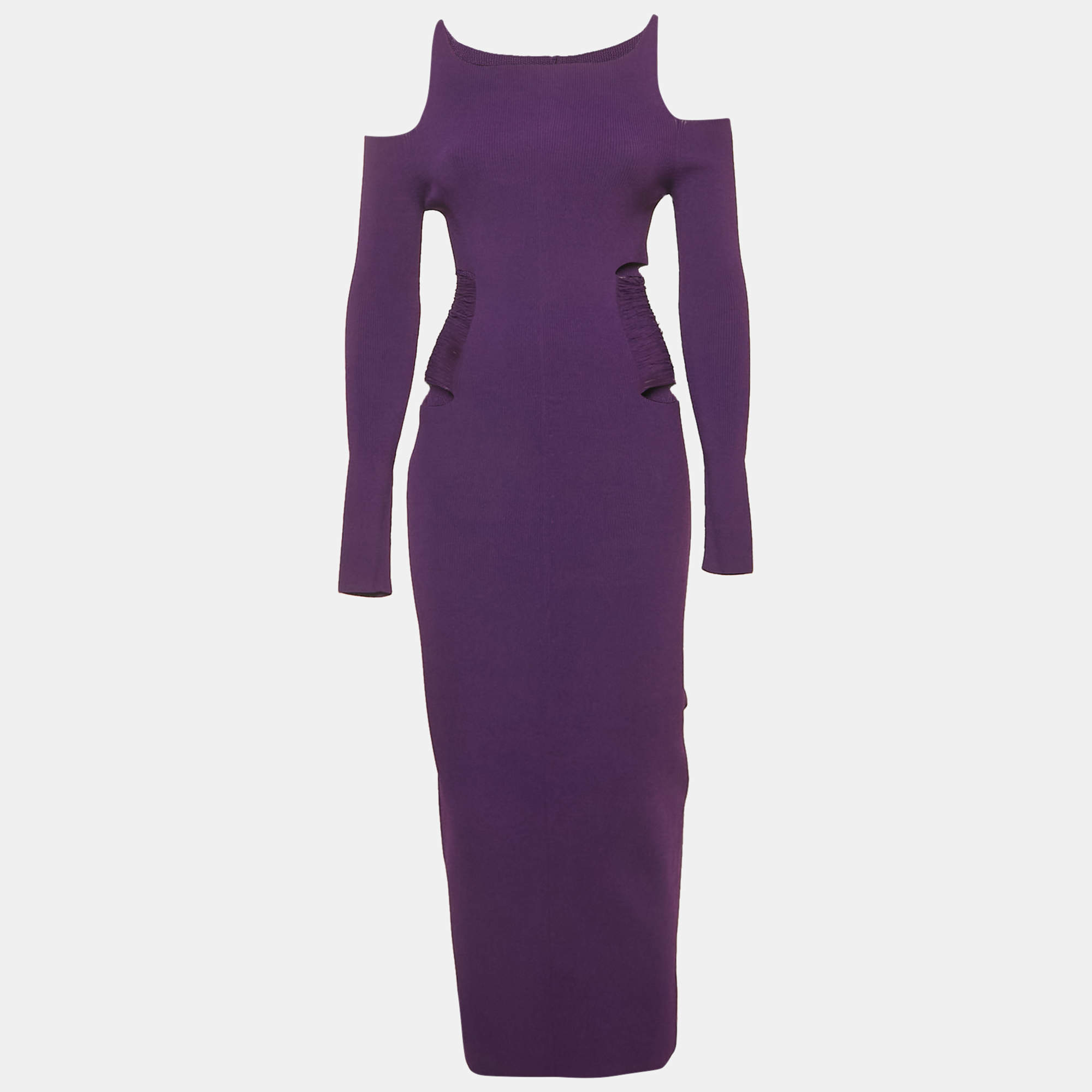 Pre Owned Roberto Cavalli Purple Knit Cut Shoulder Frayed Detail Bodycon Dress M