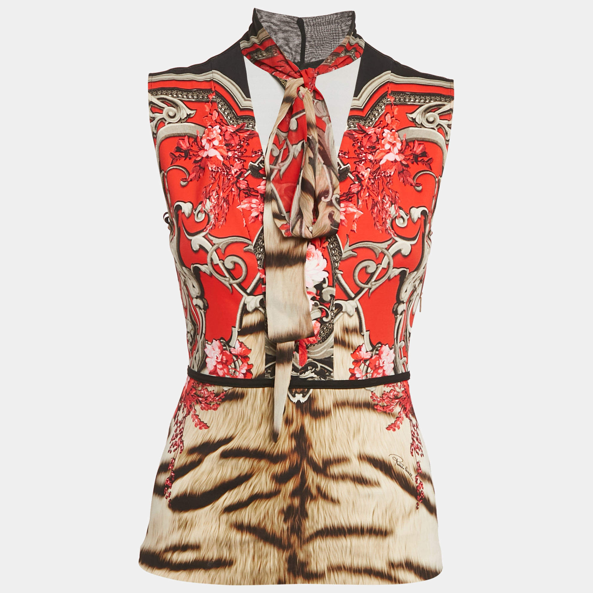 مملوكة مسبقًا Roberto Cavalli Red Floral Print Jersey Sleeveless Top S