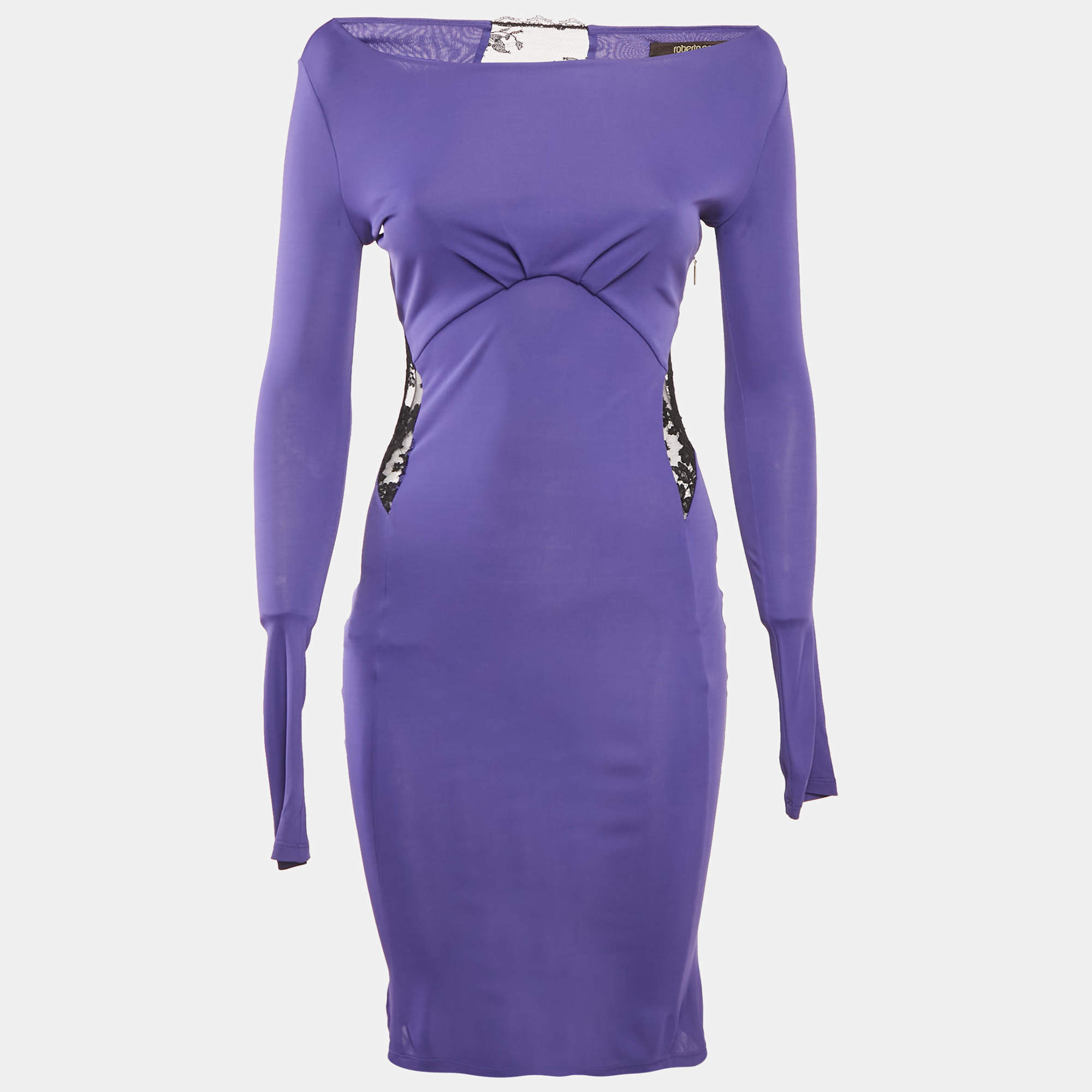 Roberto Cavalli Purple Crepe Lace Back Midi Dress S