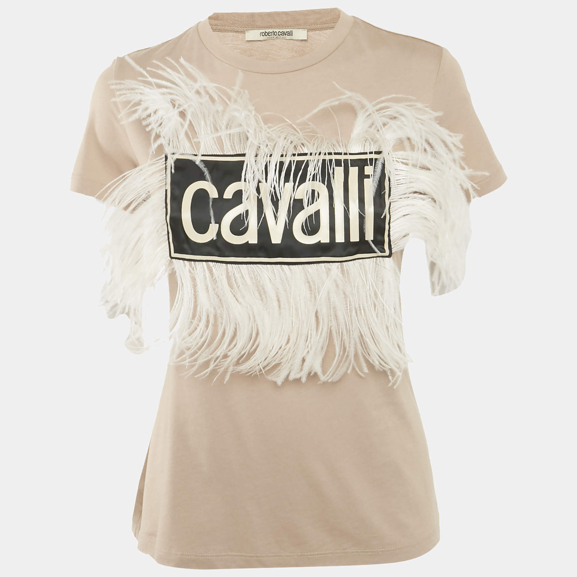 Pre Owned Roberto Cavalli Beige Cotton and Modal Faux Feather Detail T-Shirt XS