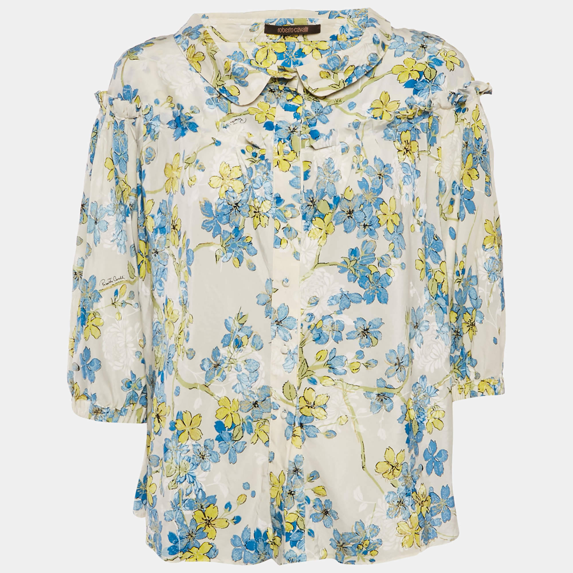 Pre Owned Roberto Cavalli White/Blue Floral Print Silk Ruffled Blouse M
