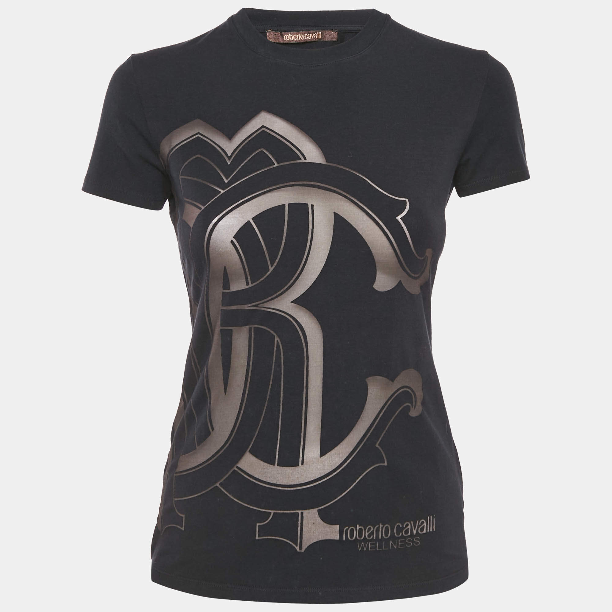 Pre Owned Roberto Cavalli Black Logo Print Cotton Crew Neck T-Shirt S