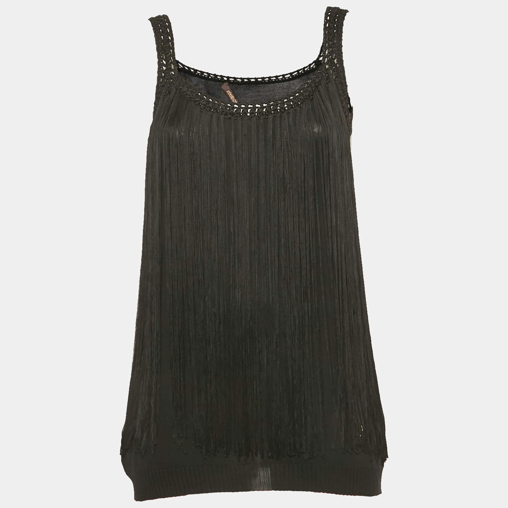 Pre Owned Roberto Cavalli Black Stretch Knit Braided Fringe Top L