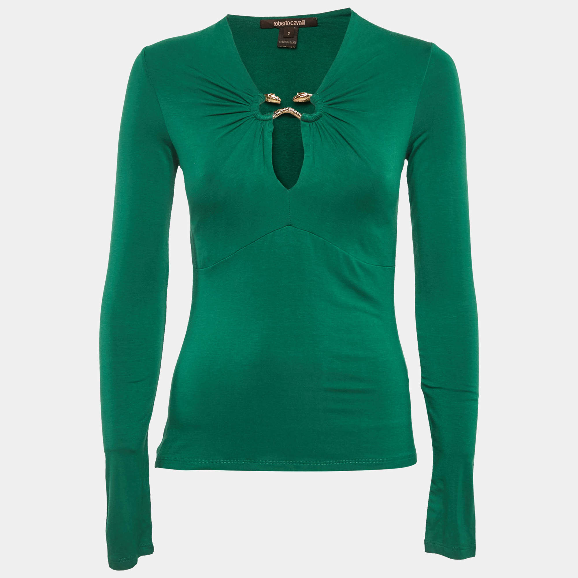 Pre Owned Roberto Cavalli Green Jersey Snake Detail Top S