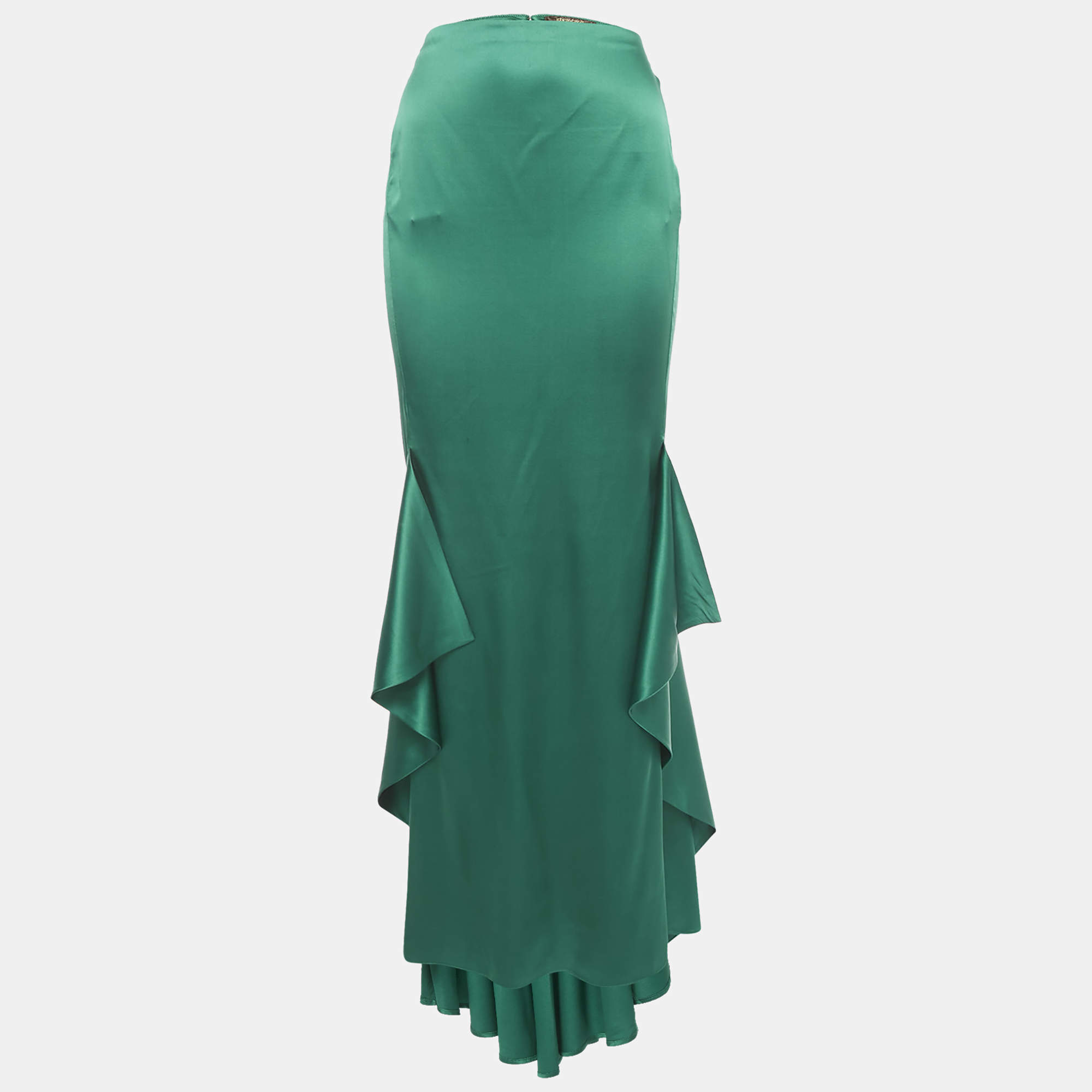 Pre Owned Roberto Cavalli Green Satin Ruffled High-Low Maxi Skirt M