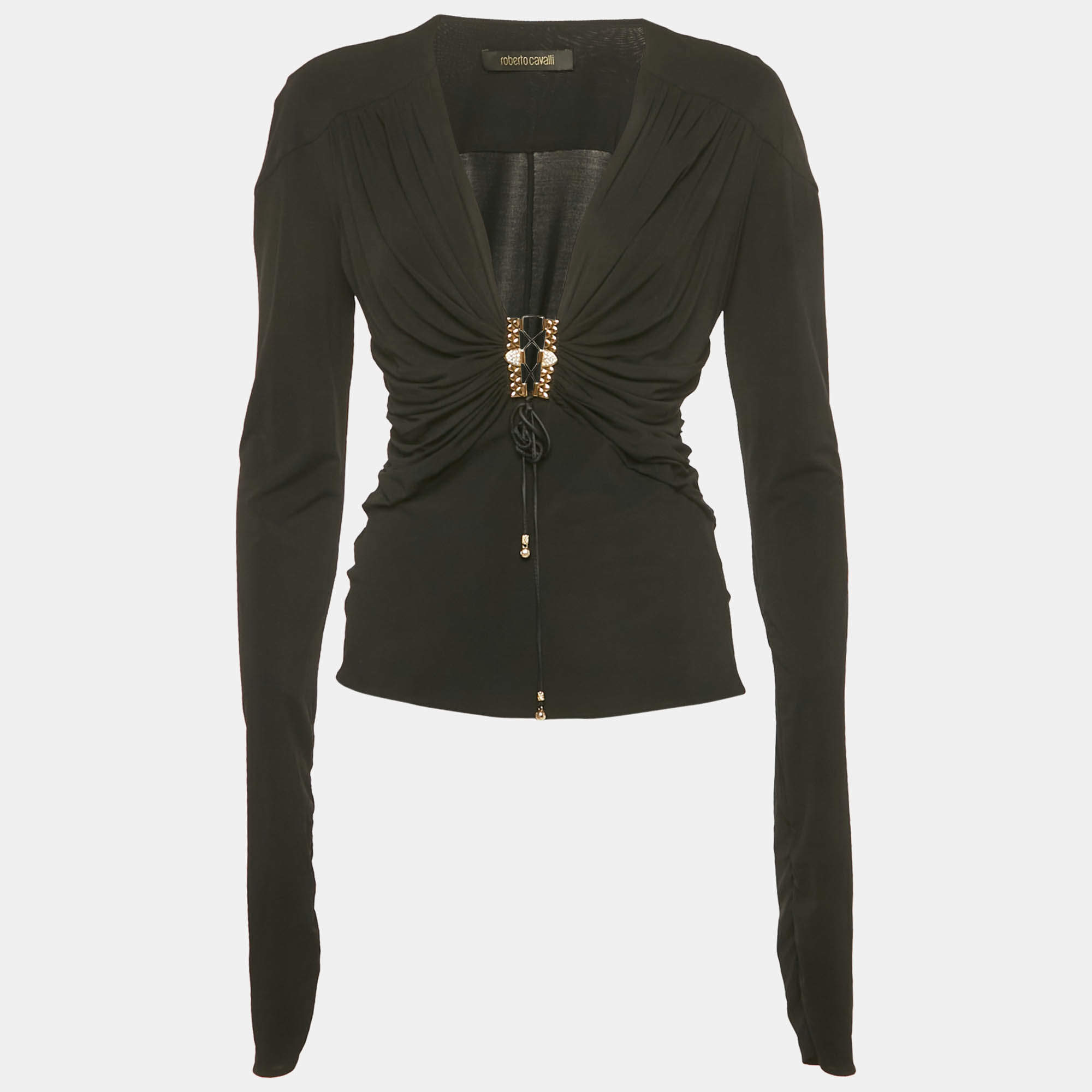 Pre Owned Roberto Cavalli Black Embellished Lace Up Jersey Top M
