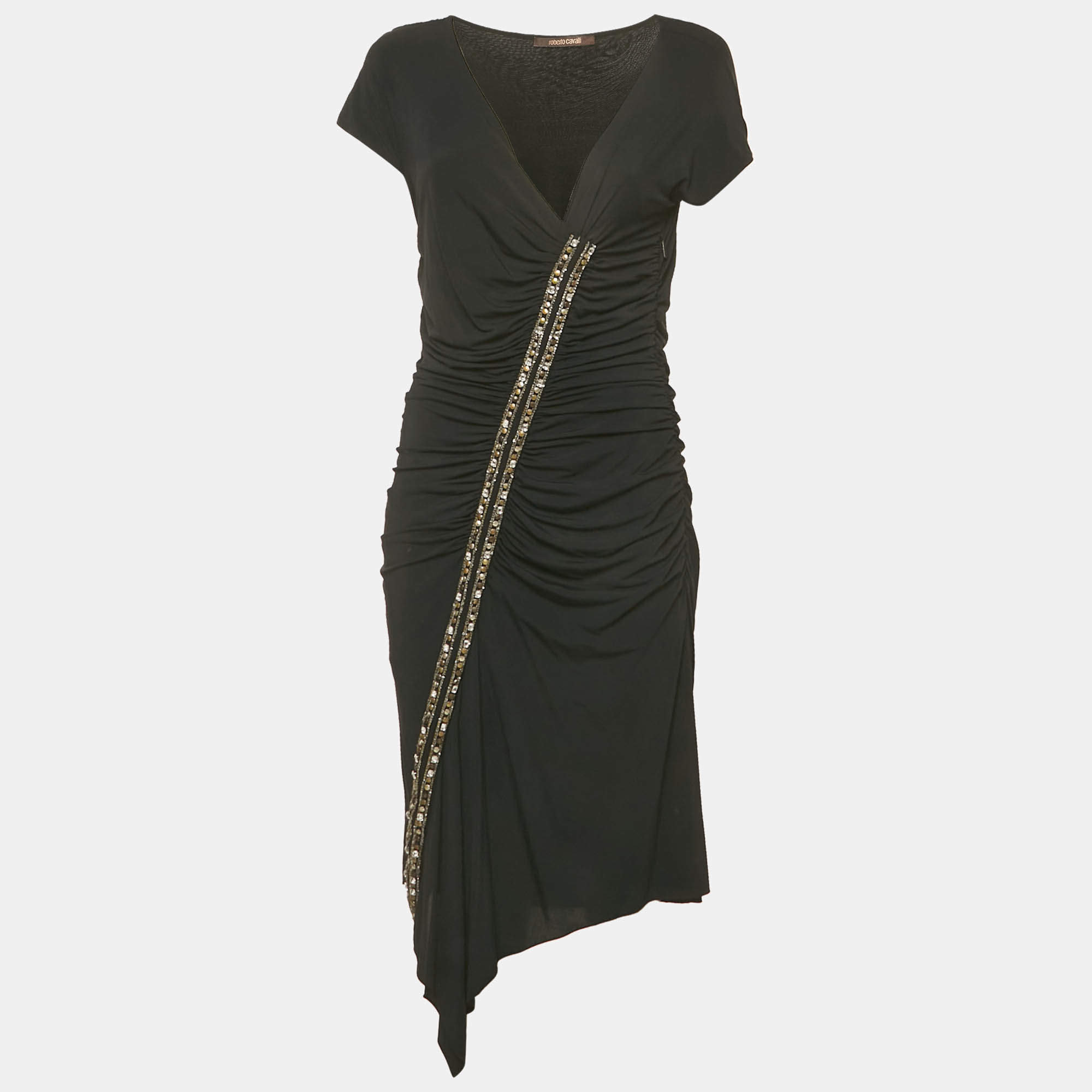 Pre Owned فستان روبرتو كافالي أسود مزين مطرز كريب ميني مقاس كبير (لارج)