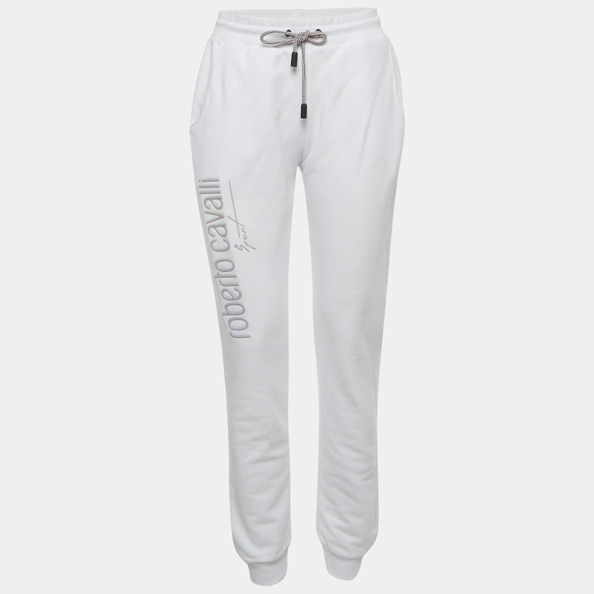 Pre Owned Roberto Cavalli Sport White Logo Print Cotton Joggers M
