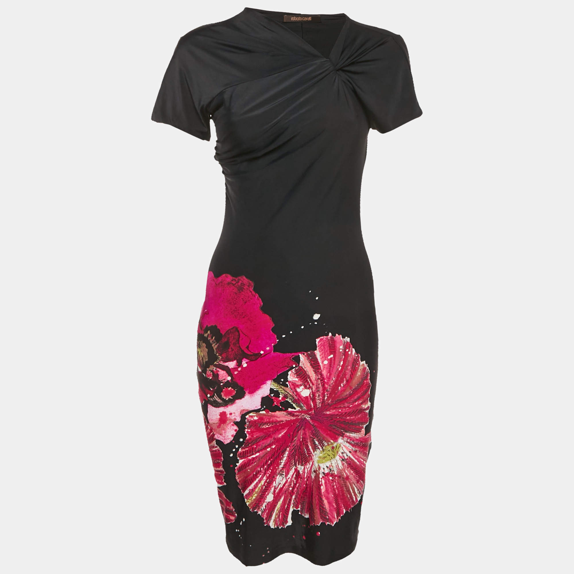 Pre Owned Roberto Cavalli Black Printed Jersey Ruched Detail Mini Dress S