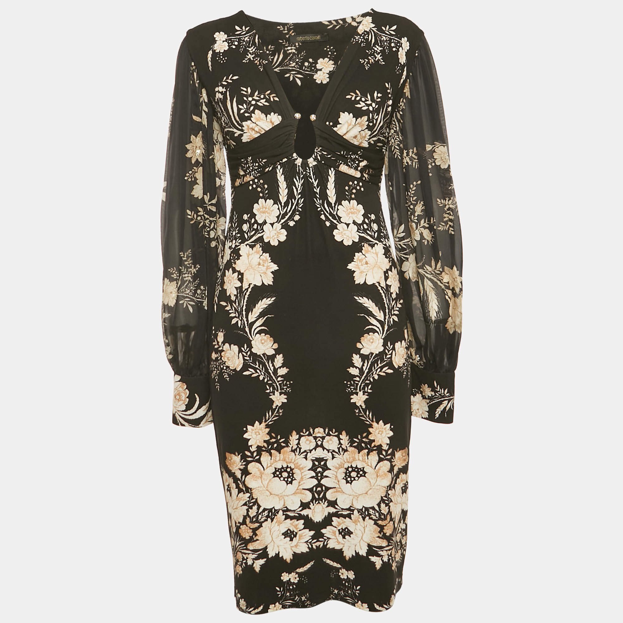مملوكة مسبقًا Roberto Cavalli Black Floral Print Jersey Ruche Neck Short Dress L