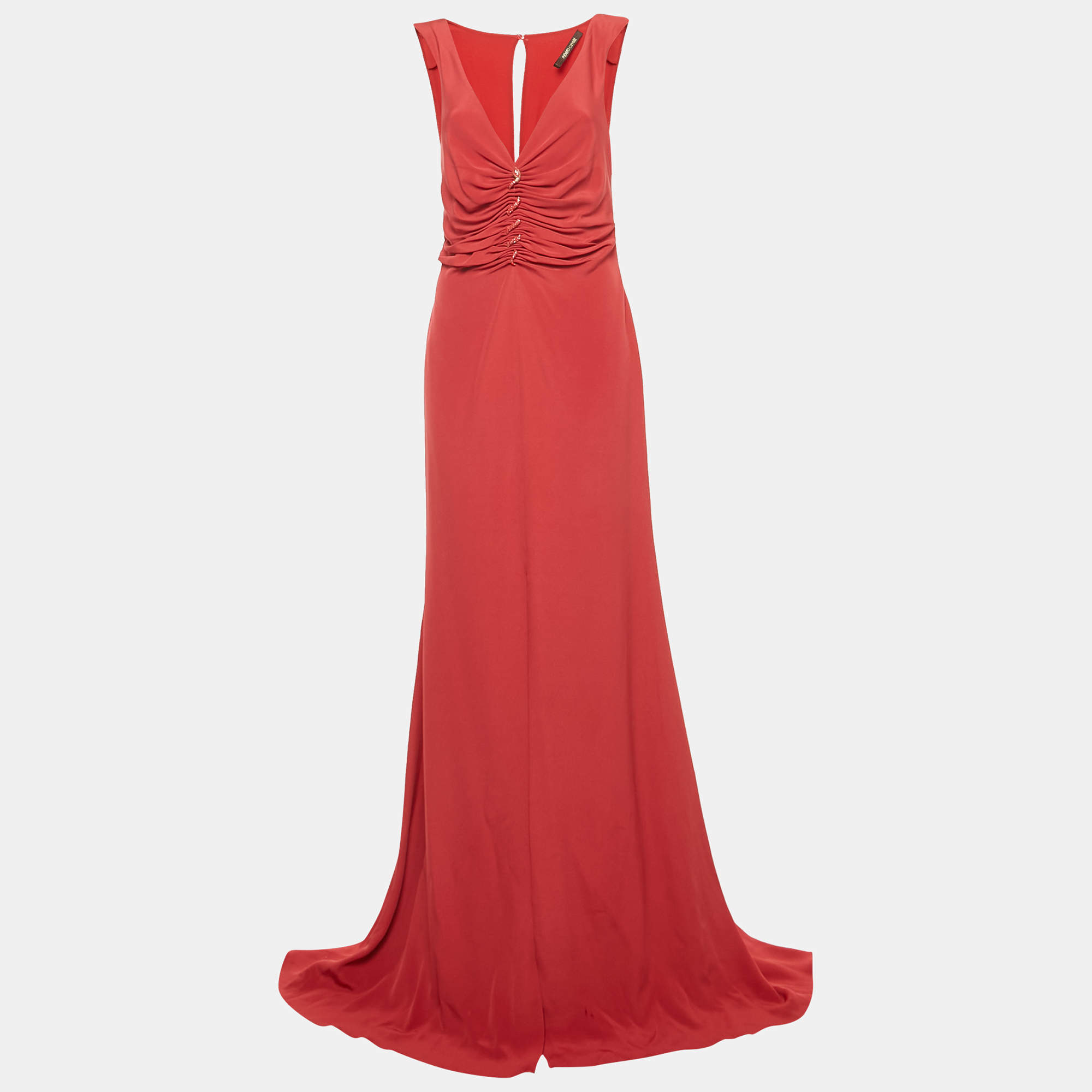 Pre Owned Roberto Cavalli Red Crepe Ruched Slit Maxi Dress M