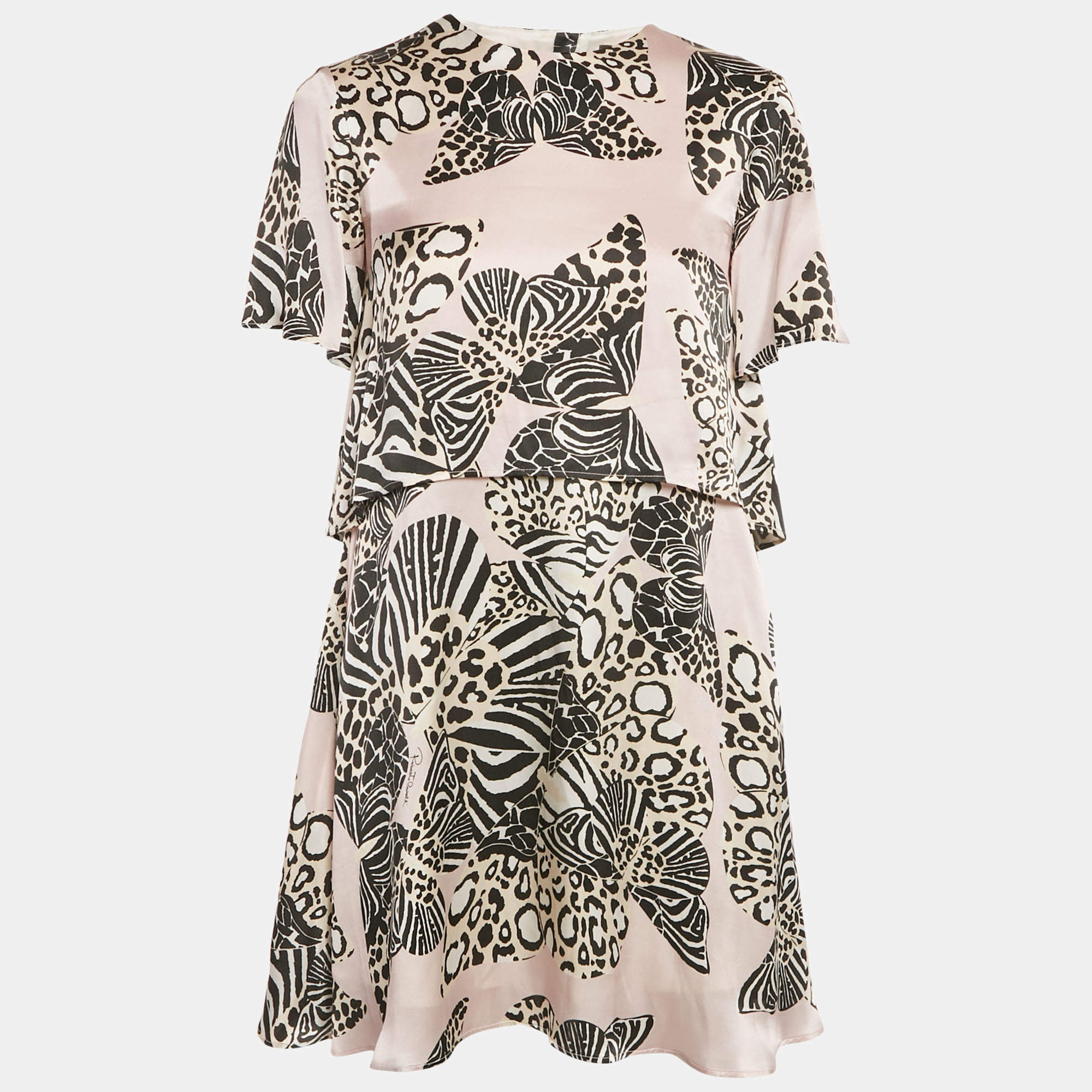 Pre Owned Roberto Cavalli Pink Printed Silk Mini Dress L