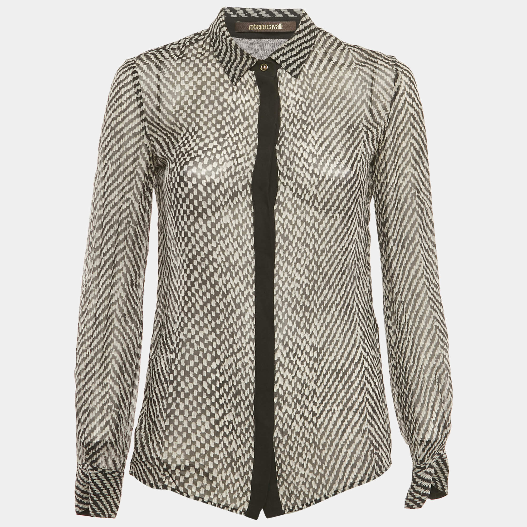 Pre Owned Roberto Cavalli Black Silk Monochrome Sheer Blouse S